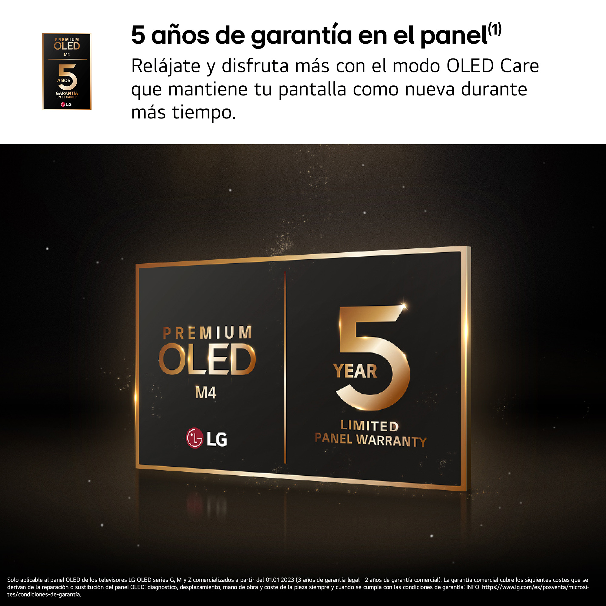 Una pantalla de TV con marco dorado y una insignia de garantía de 5 años. La pantalla muestra el logotipo.