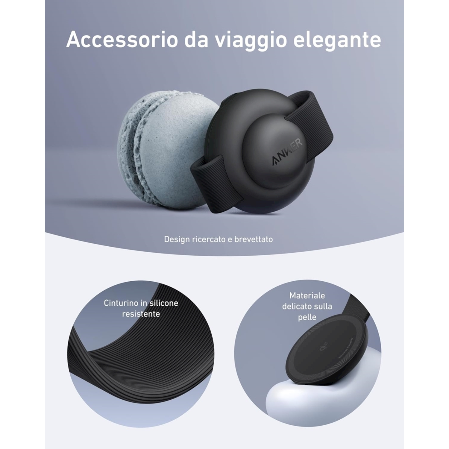 Un dispositivo circolare nero con il logo ANKER, accanto a un macaron azzurro. Il dispositivo ha un cinturino in silicone.