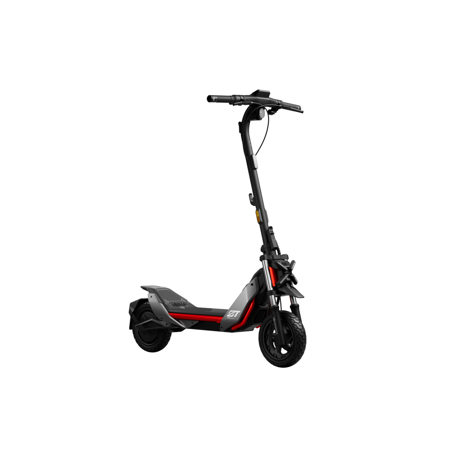 Zwarte en grijze elektrische scooter op zwarte achtergrond. Rode accenten zijn zichtbaar op het frame.