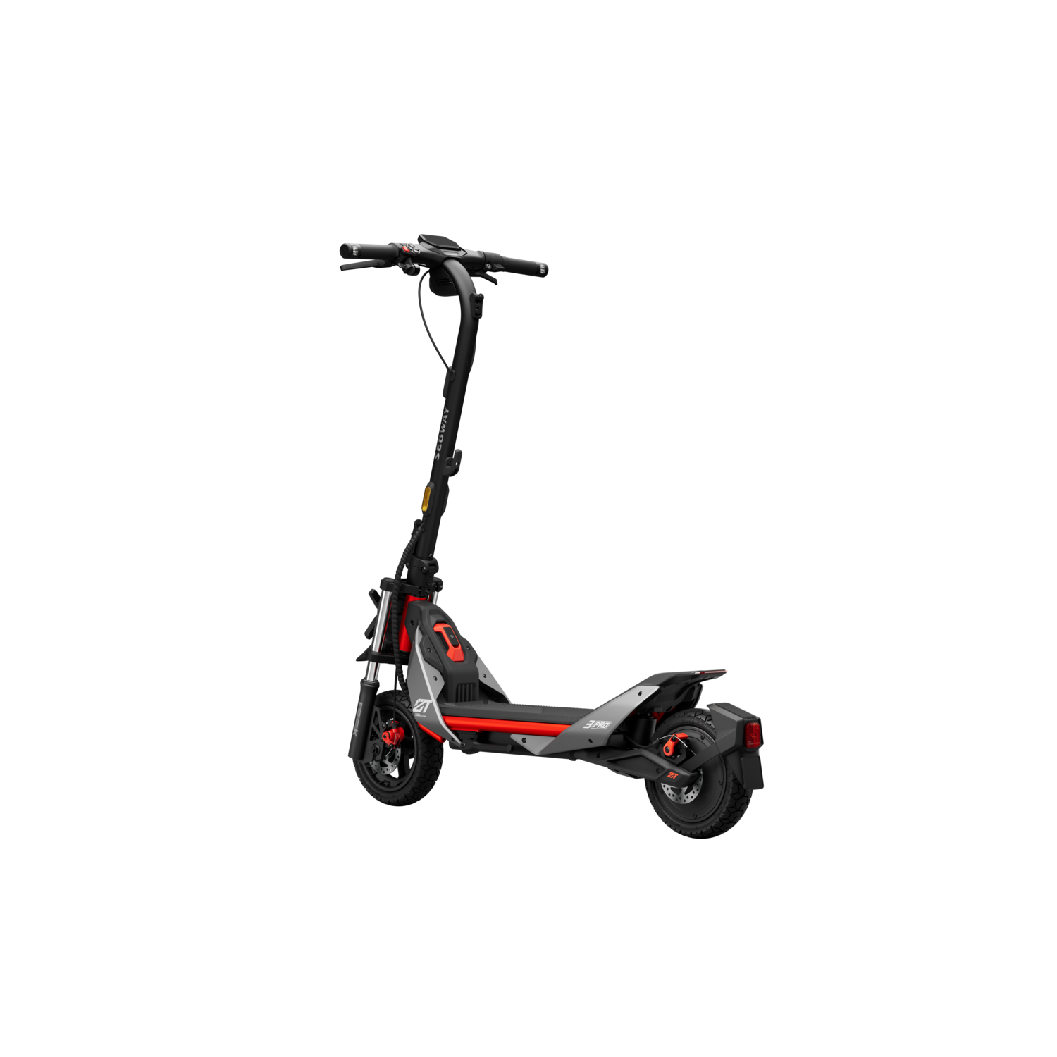 Zwarte en rode elektrische scooter op zwarte achtergrond.