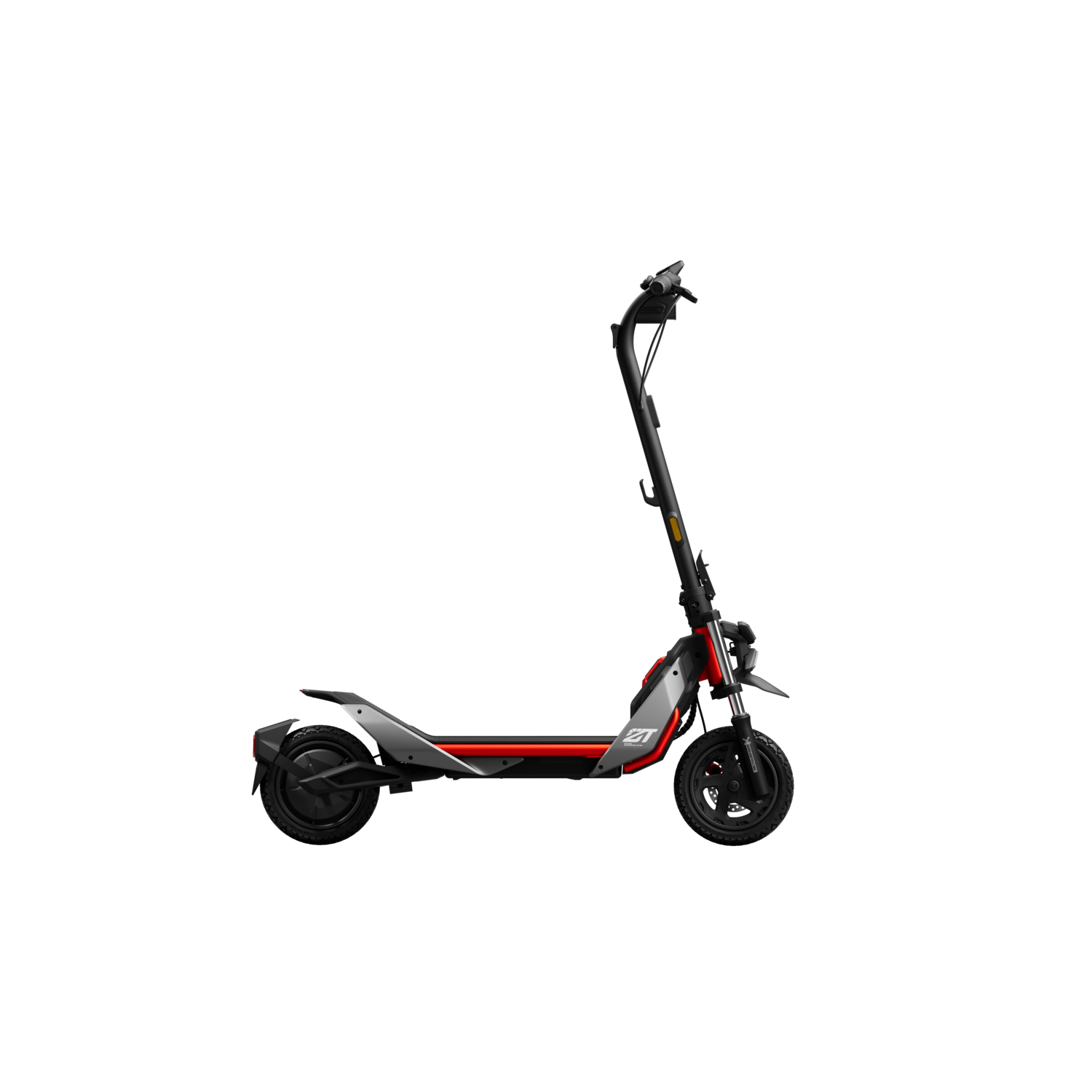 Een zwarte en rode elektrische scooter op een zwarte achtergrond.