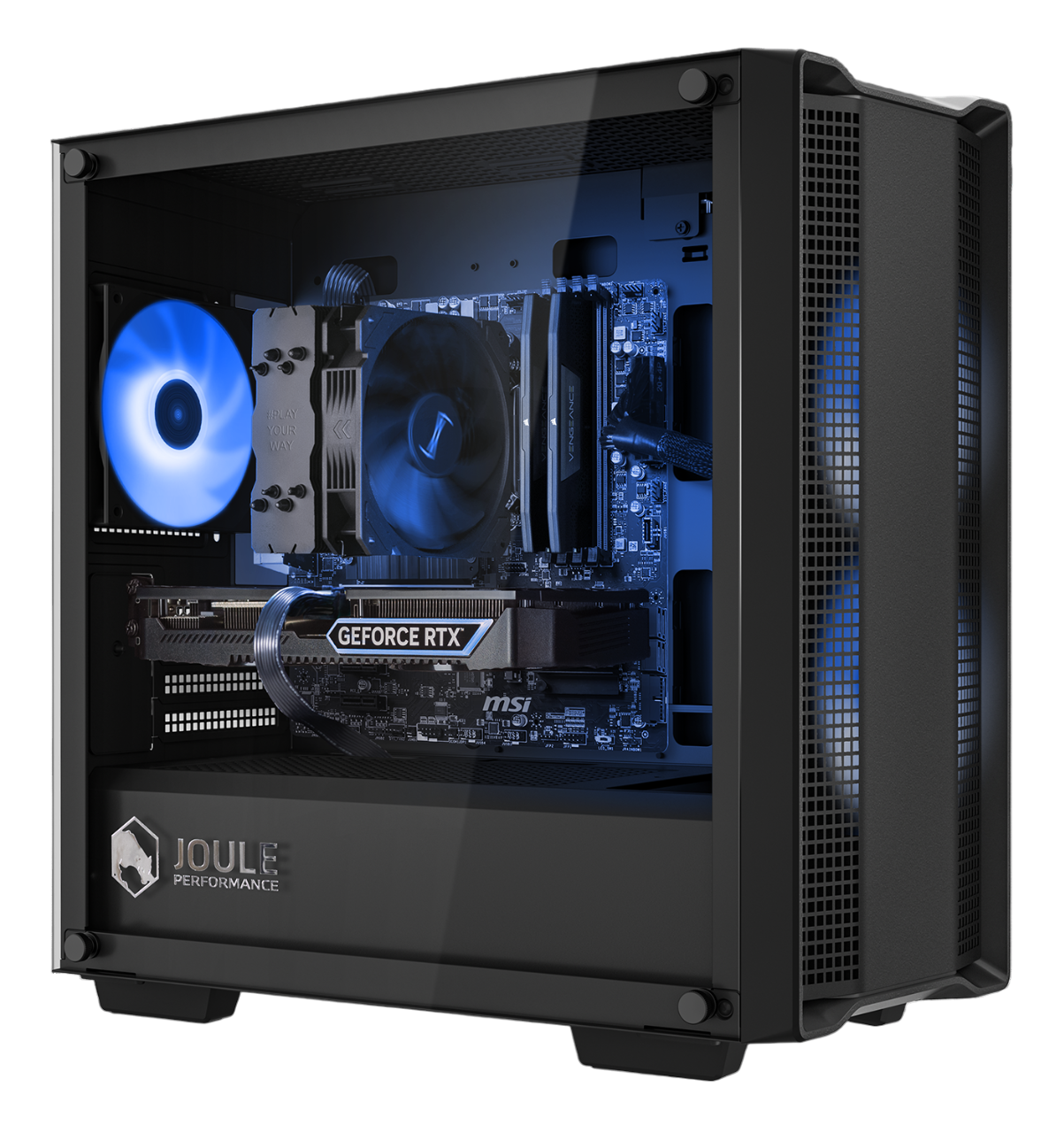 Computergehäuse mit internen Komponenten, blau beleuchteter Lüfter und GPU.
