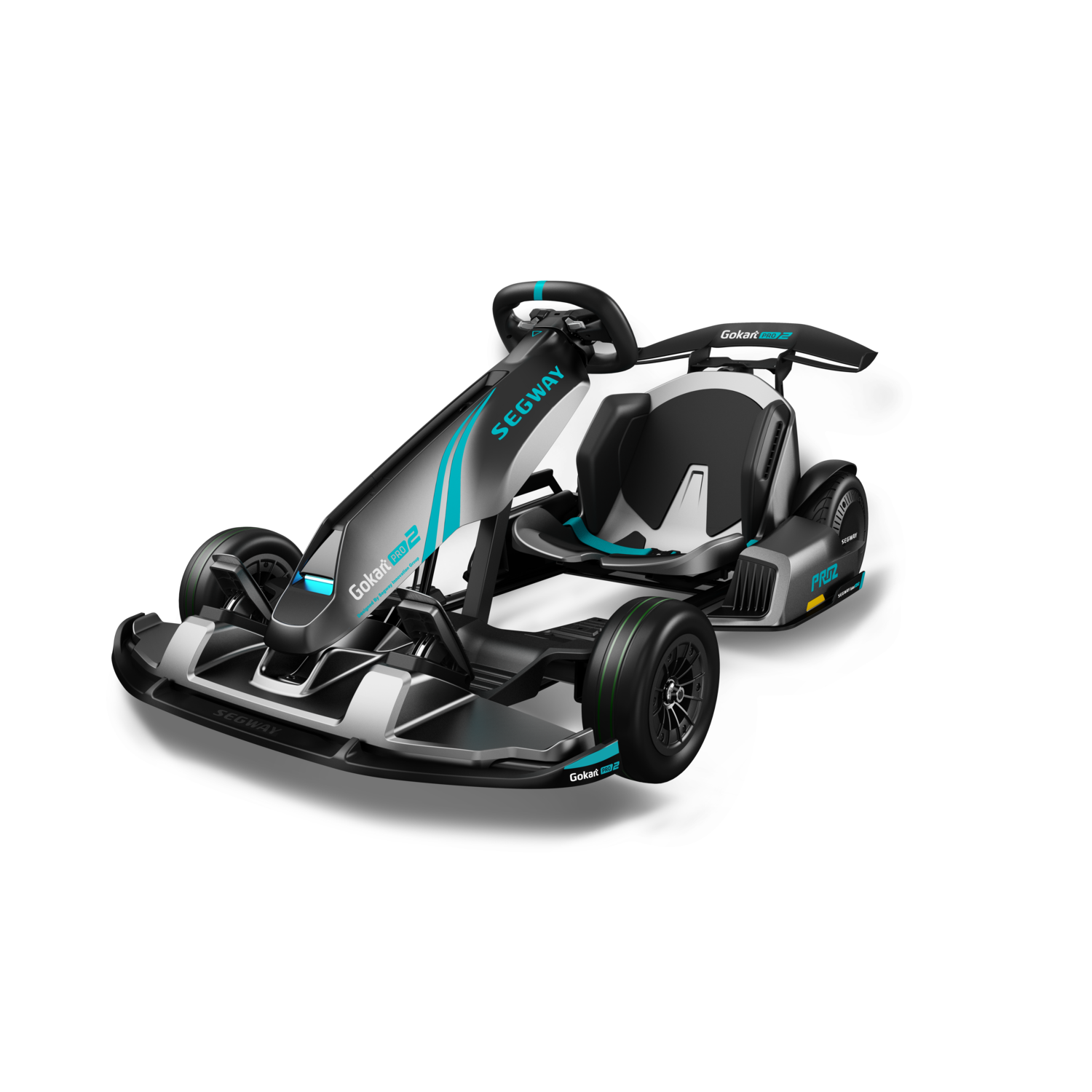 Segway Gokart PRO, zwart en grijs met blauwe accenten, op een zwarte achtergrond.