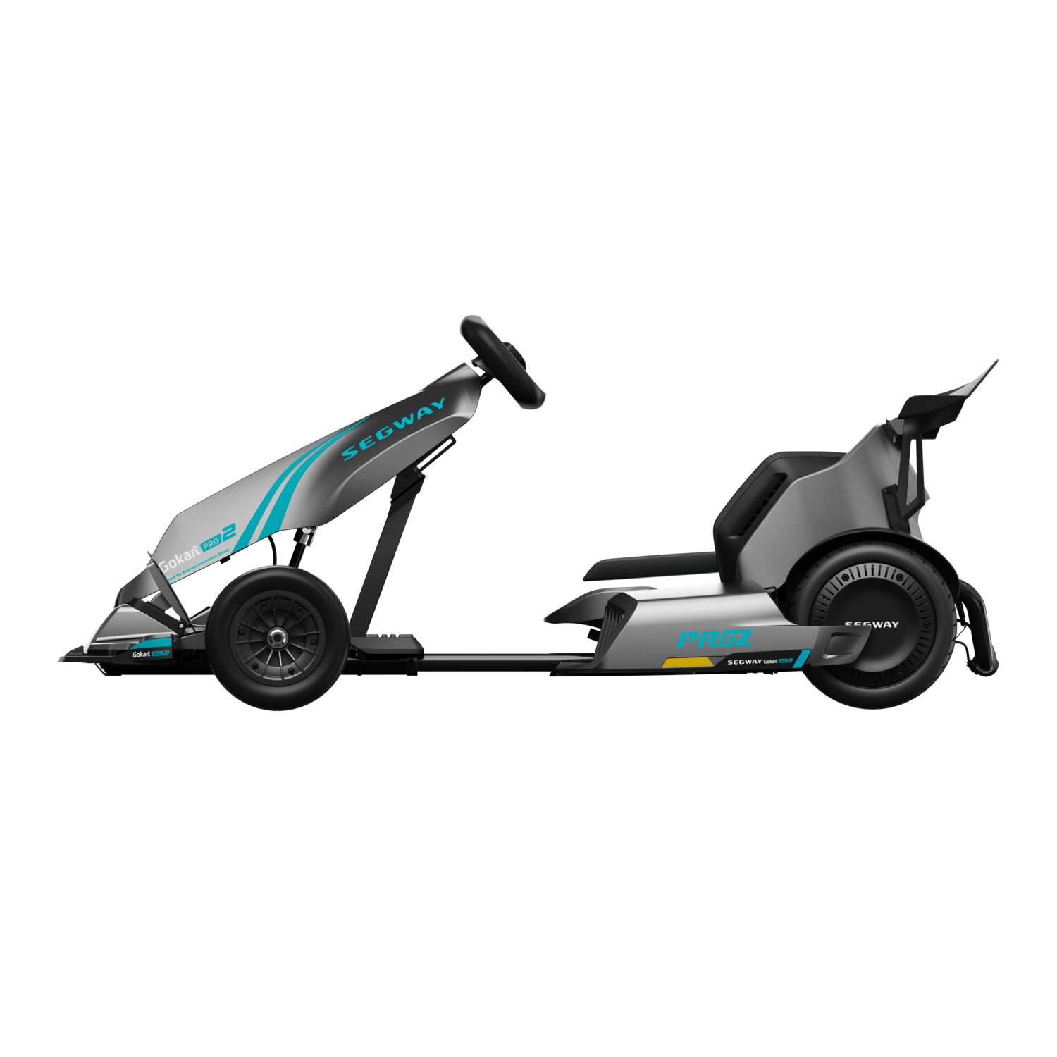 Grijze en zwarte go-kart met blauwe accenten. SEGWAY en GoKart branding zichtbaar.