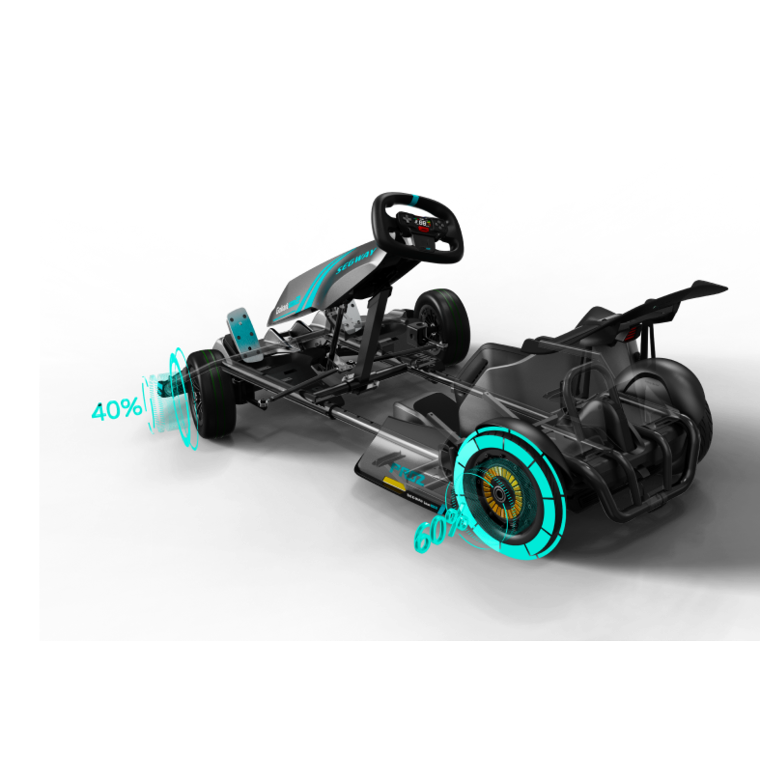 Een Segway elektrische go-kart, zwart frame, blauwe accenten, met percentages op wielen.