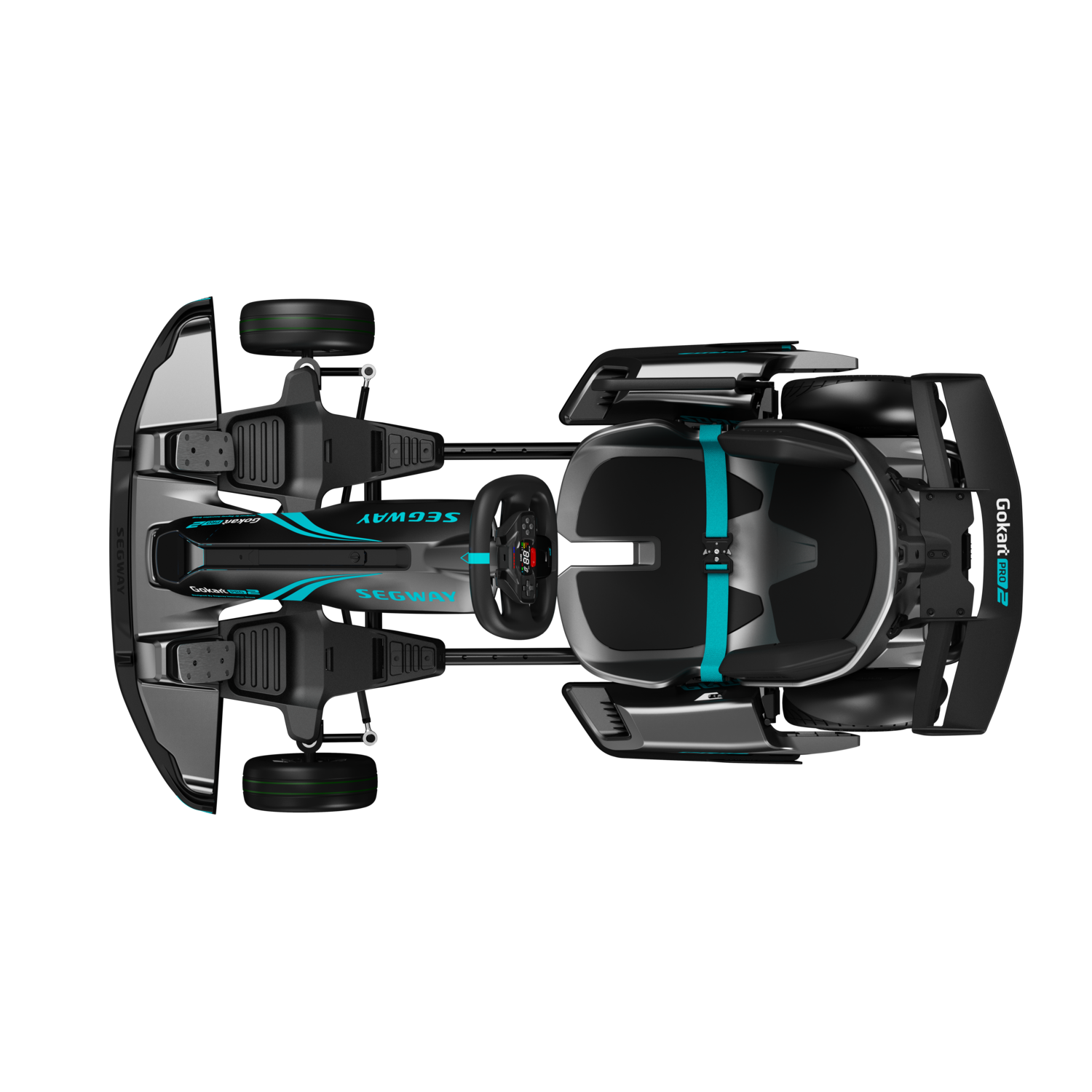 Bovenaanzicht van een zwarte en grijze Segway GoKart, met blauwe accenten en stoel.