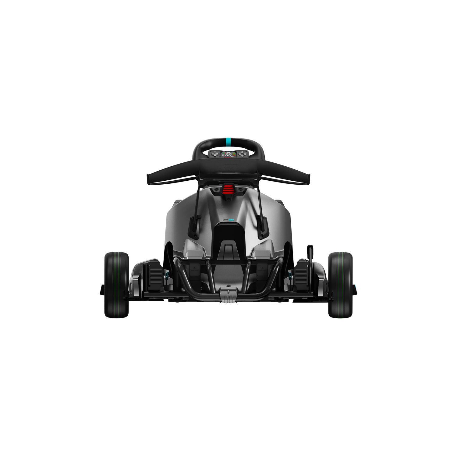 Go-kart, achteraanzicht, in grijs en zwart, met een witte achtergrond.