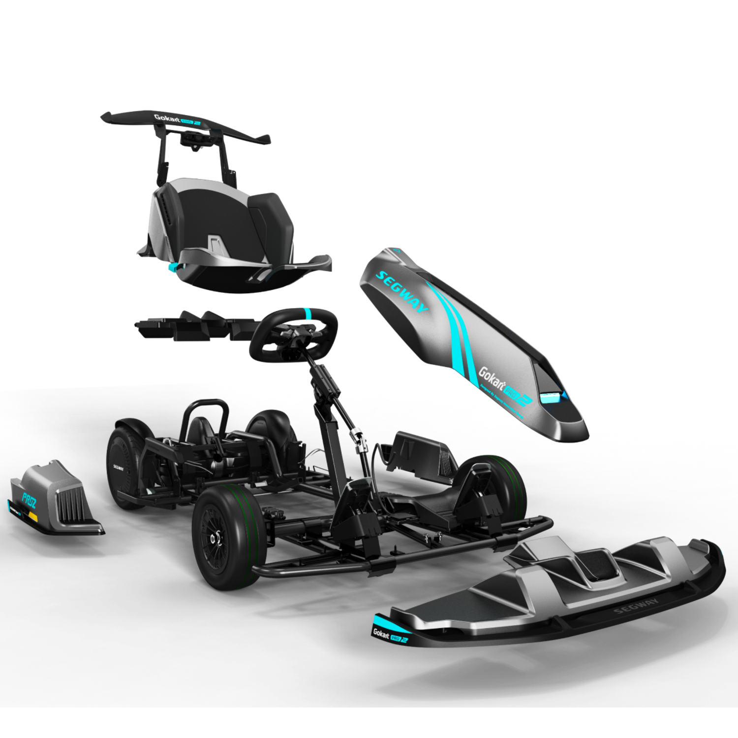 Een ontploft aanzicht van een go-kart met Segway-branding. Onderdelen zijn onder meer de stoel, besturing en frame.