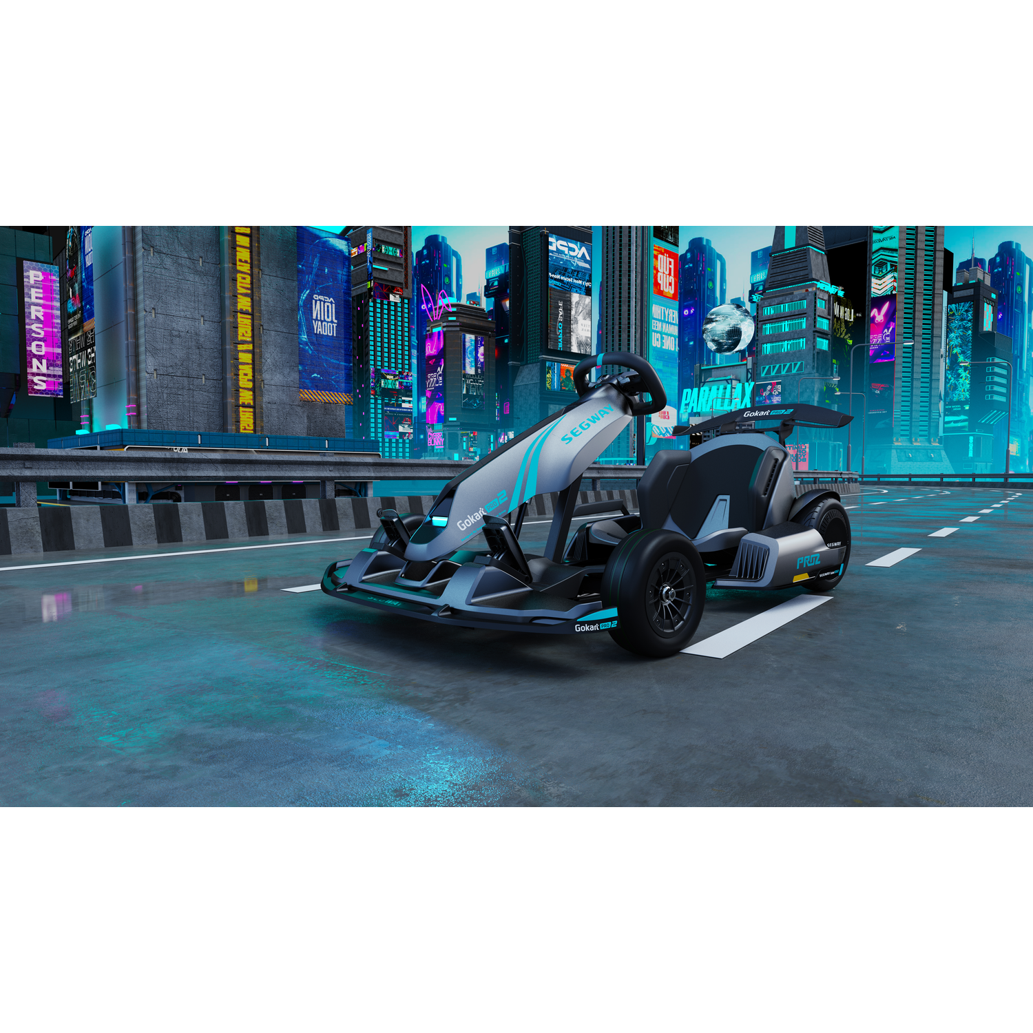 Go-kart racen op een neonverlichte baan 's nachts. Futuristisch ontwerp, stadsachtergrond.