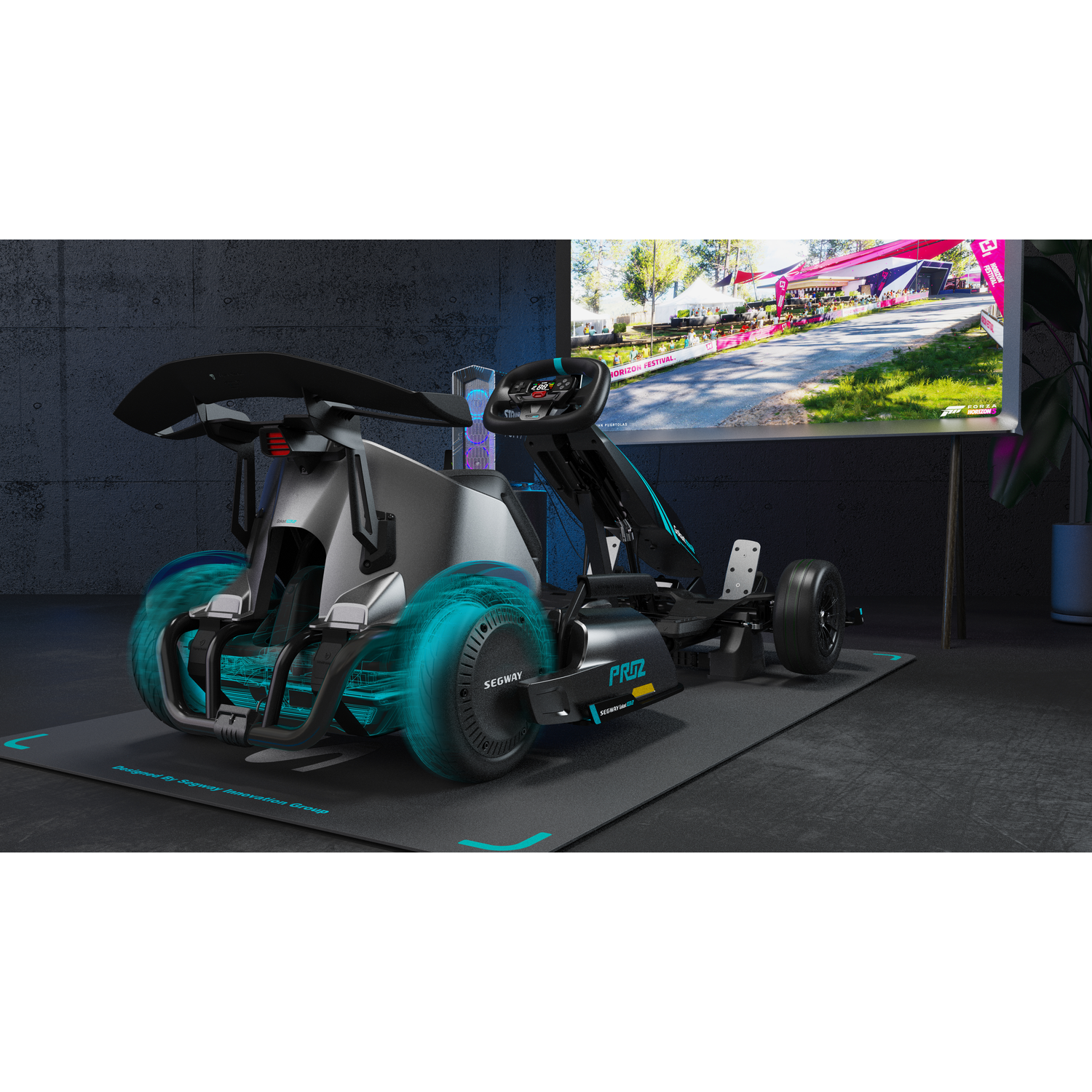 Een futuristische kart op een mat. Een tv toont een racegame.