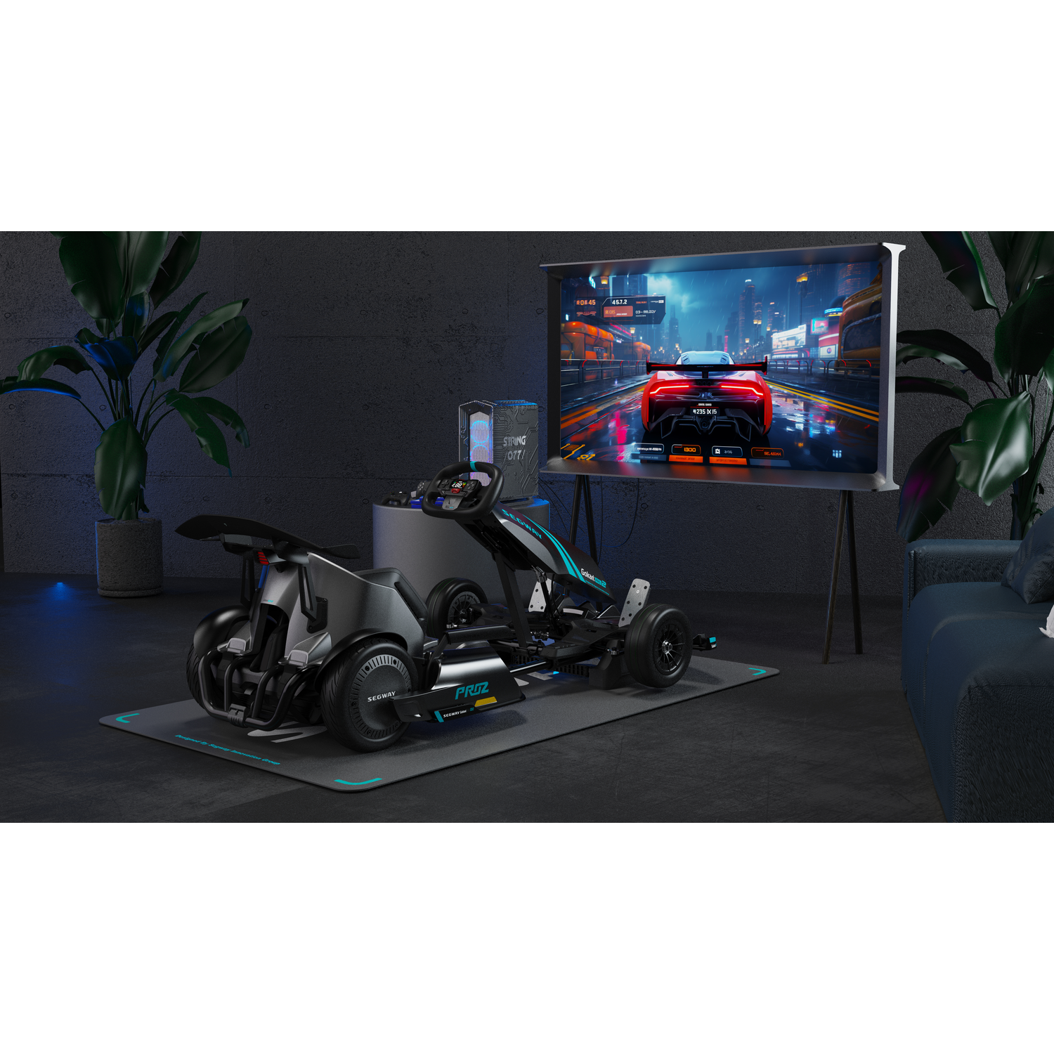 Gaming setup met een go-kart, groot scherm met racegame en een pc.