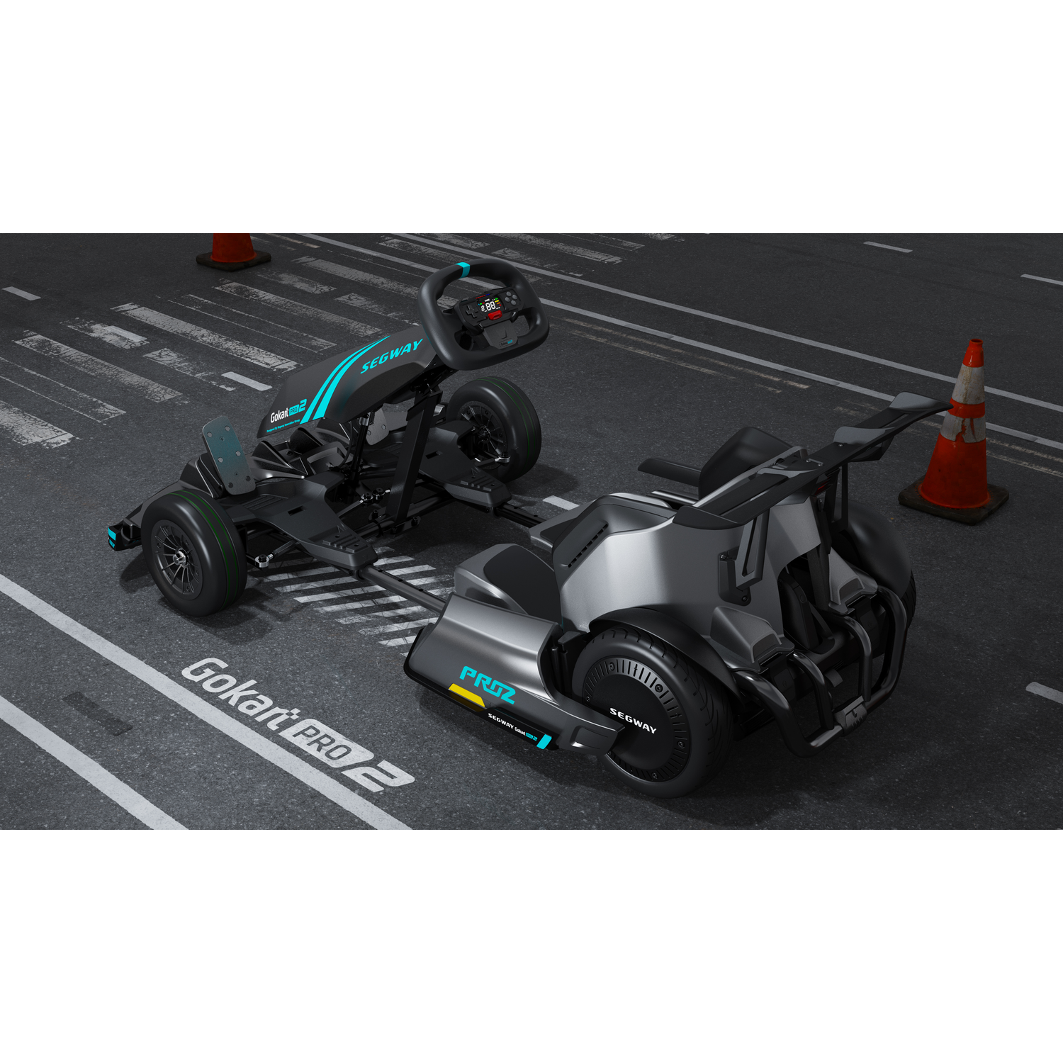 Zwarte Segway Gokart PRO 2 op een baan. Een rood-zwarte kart met stuur en oranje kegels.