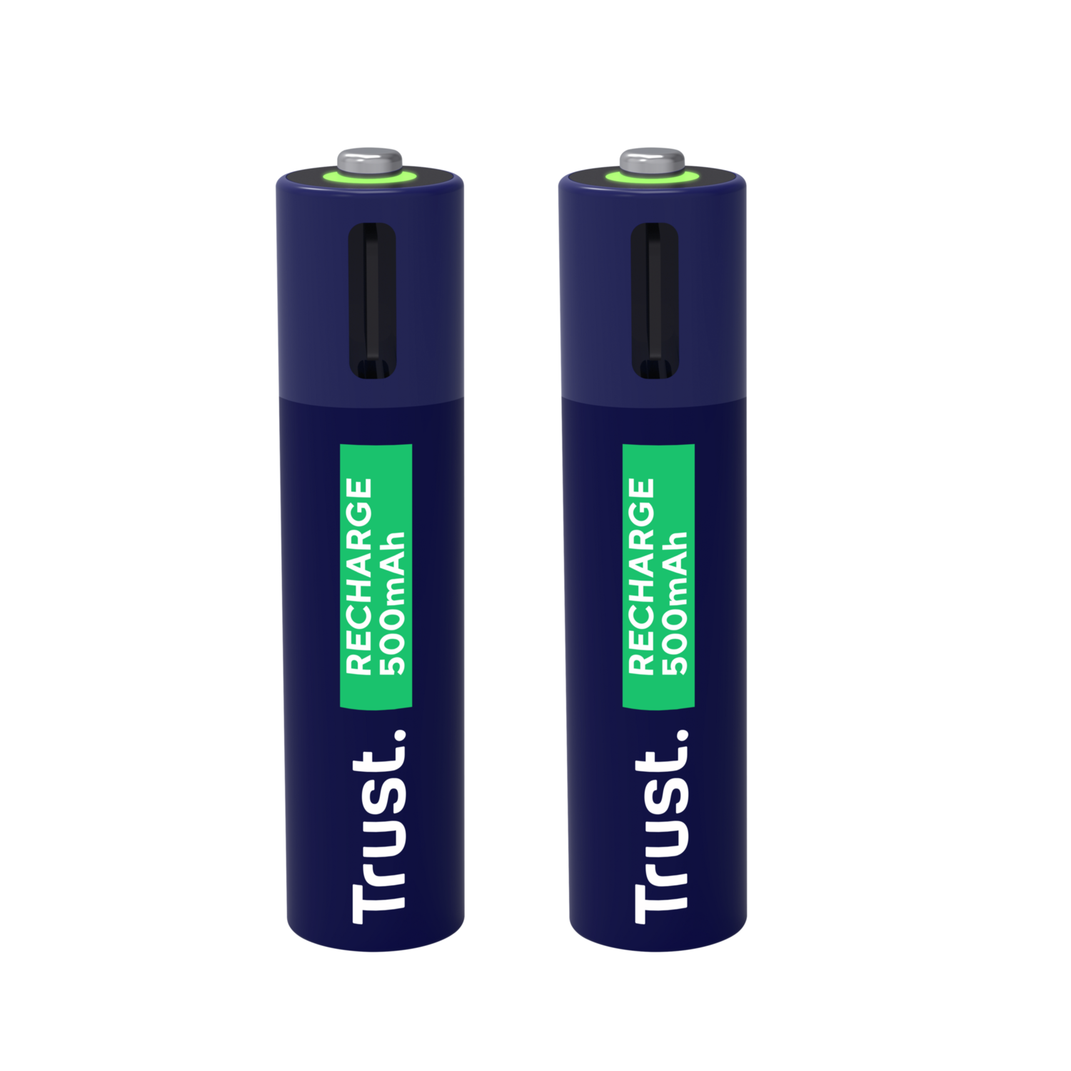Deux piles rechargeables bleues et vertes avec du texte. Fond noir.