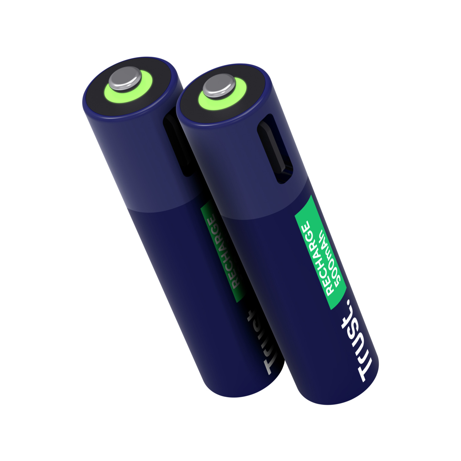 Deux piles rechargeables Trust bleues avec étiquettes vertes et blanches.