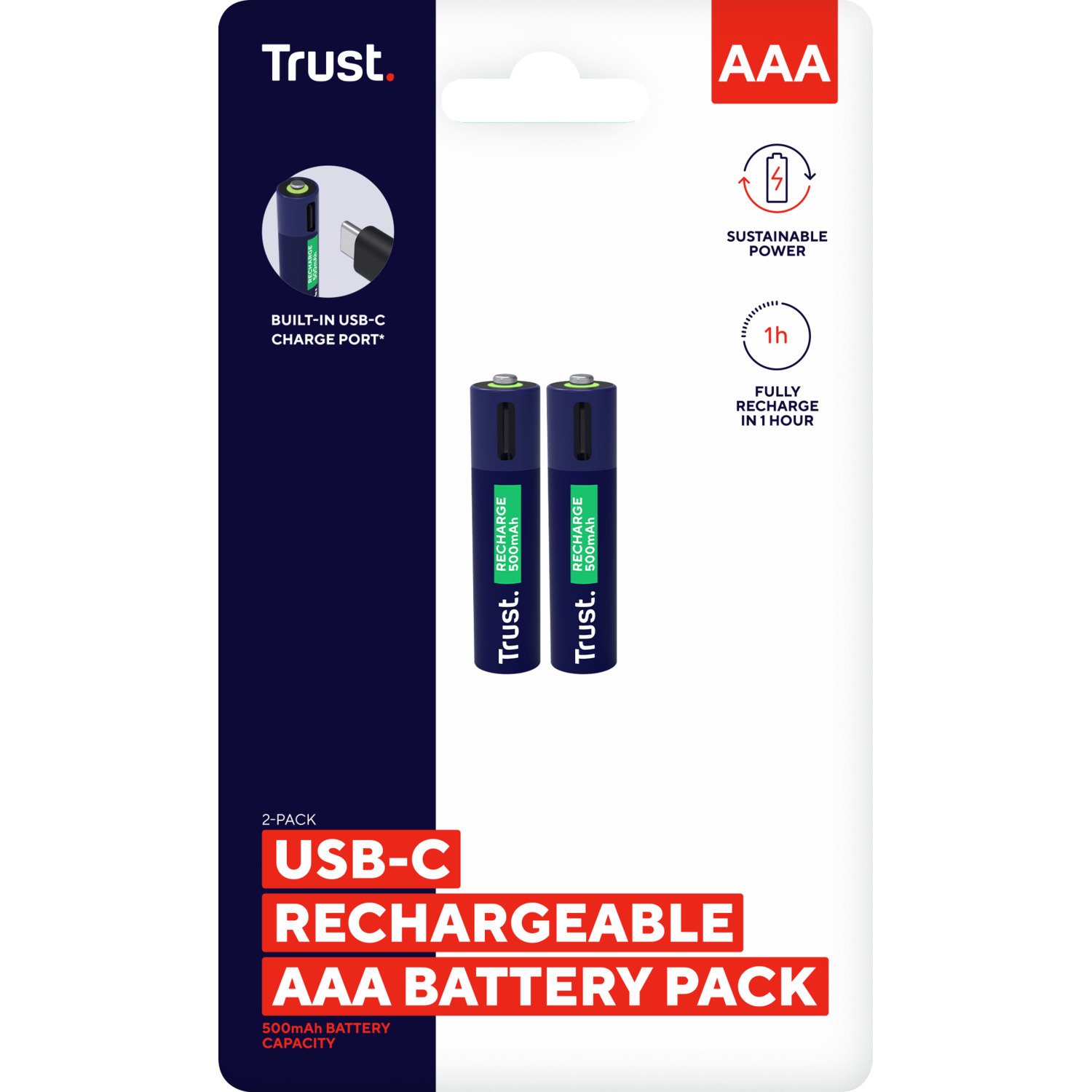 Deux piles AAA rechargeables dans un emballage. Schéma de couleurs bleu et vert, avec port de charge.