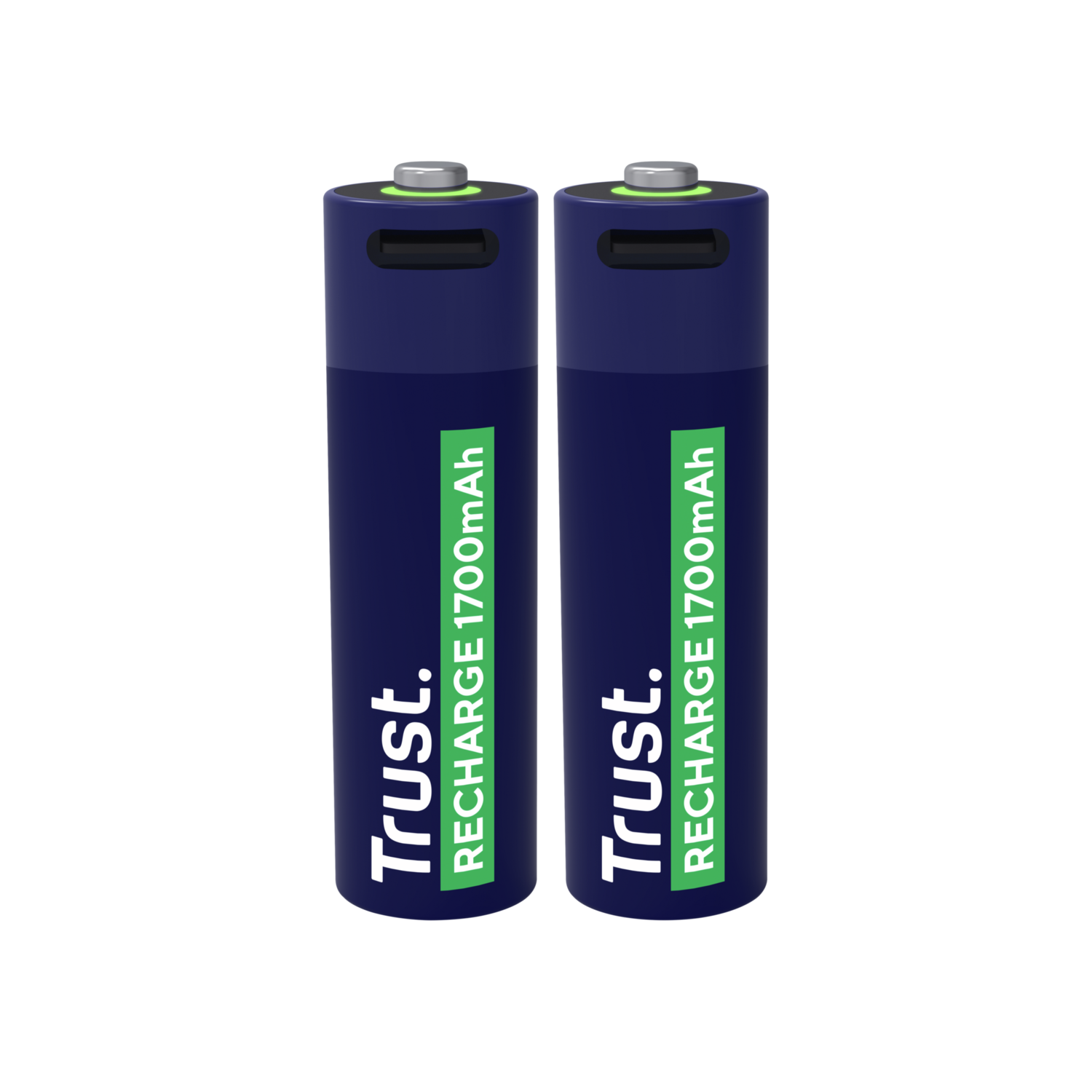 Twee donkerblauwe oplaadbare batterijen met groene en witte tekst op zwarte achtergrond.
