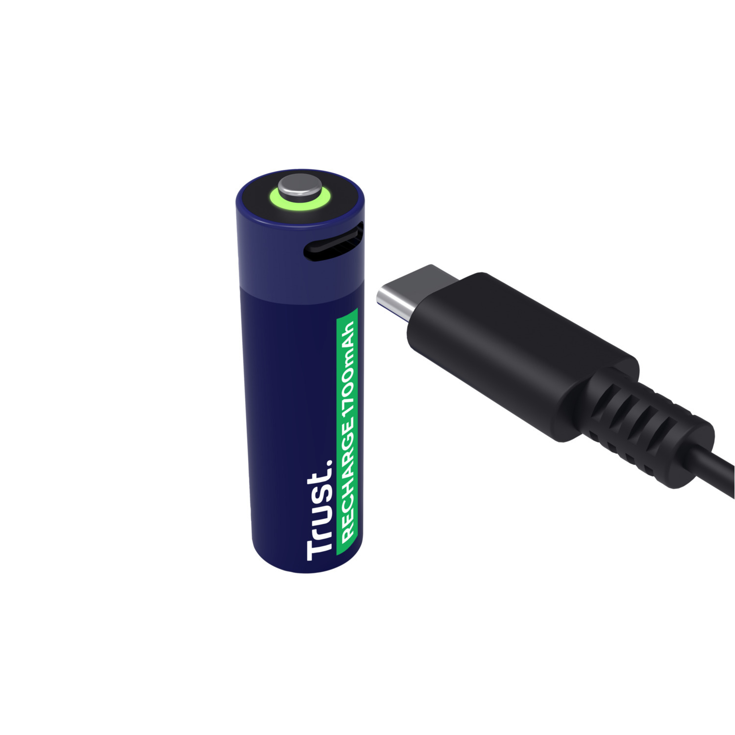 Een blauwe Trust oplaadbare batterij naast een zwarte USB-C-kabel. Groen licht op de batterij.
