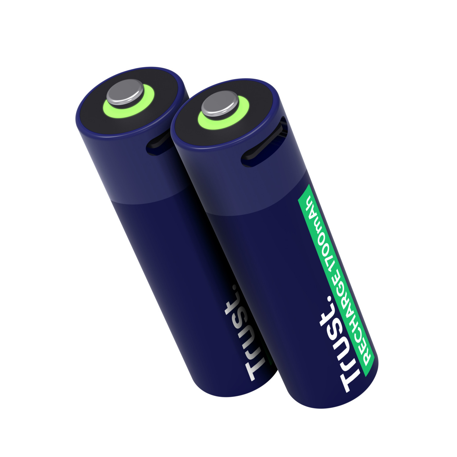 Twee blauwe oplaadbare batterijen, groen label, witte achtergrond.