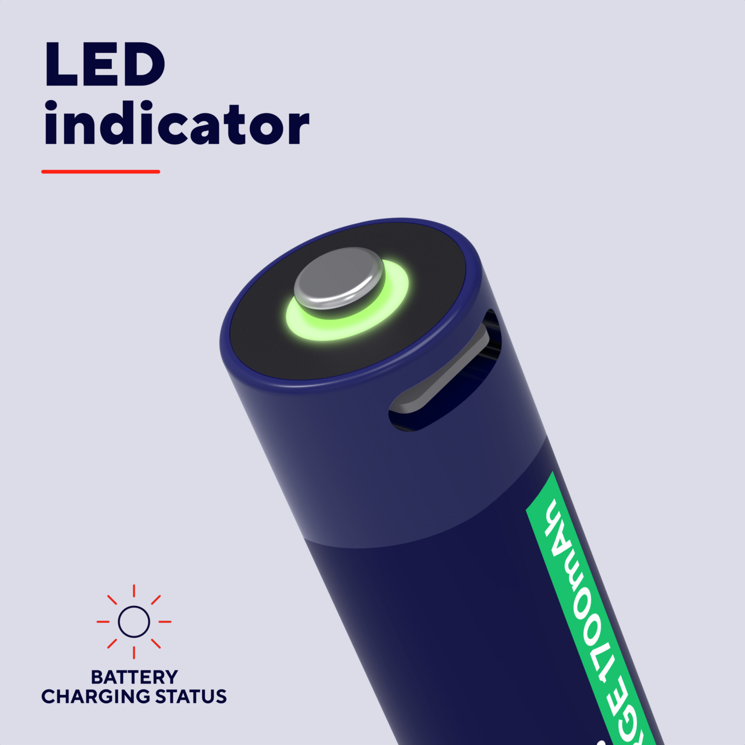 Close-up van een cilindrische batterij met een groene LED-indicator. Toont de oplaadstatus.