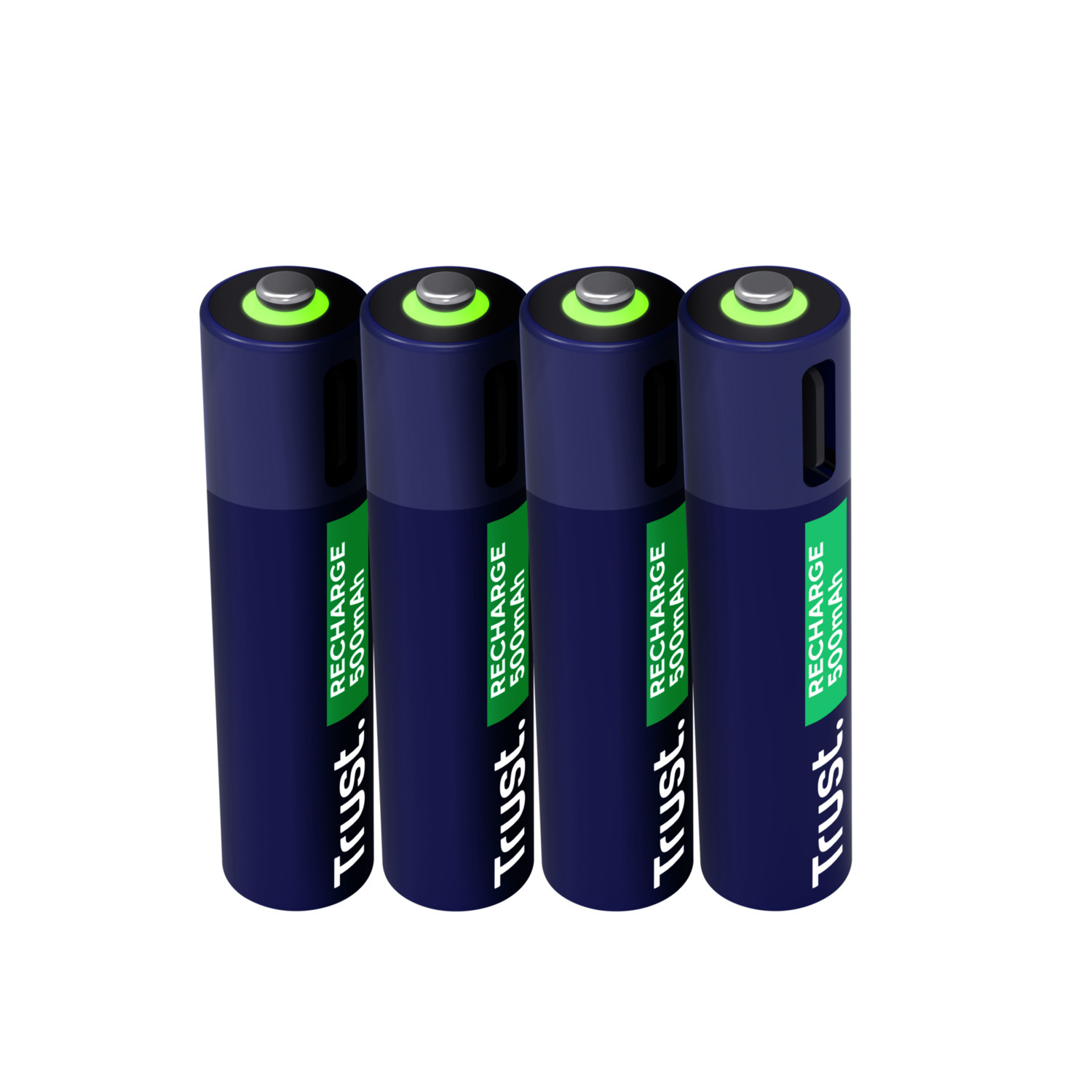 Vier oplaadbare AAA-batterijen. Blauw en groen kleurenschema, met oplaadindicatoren.