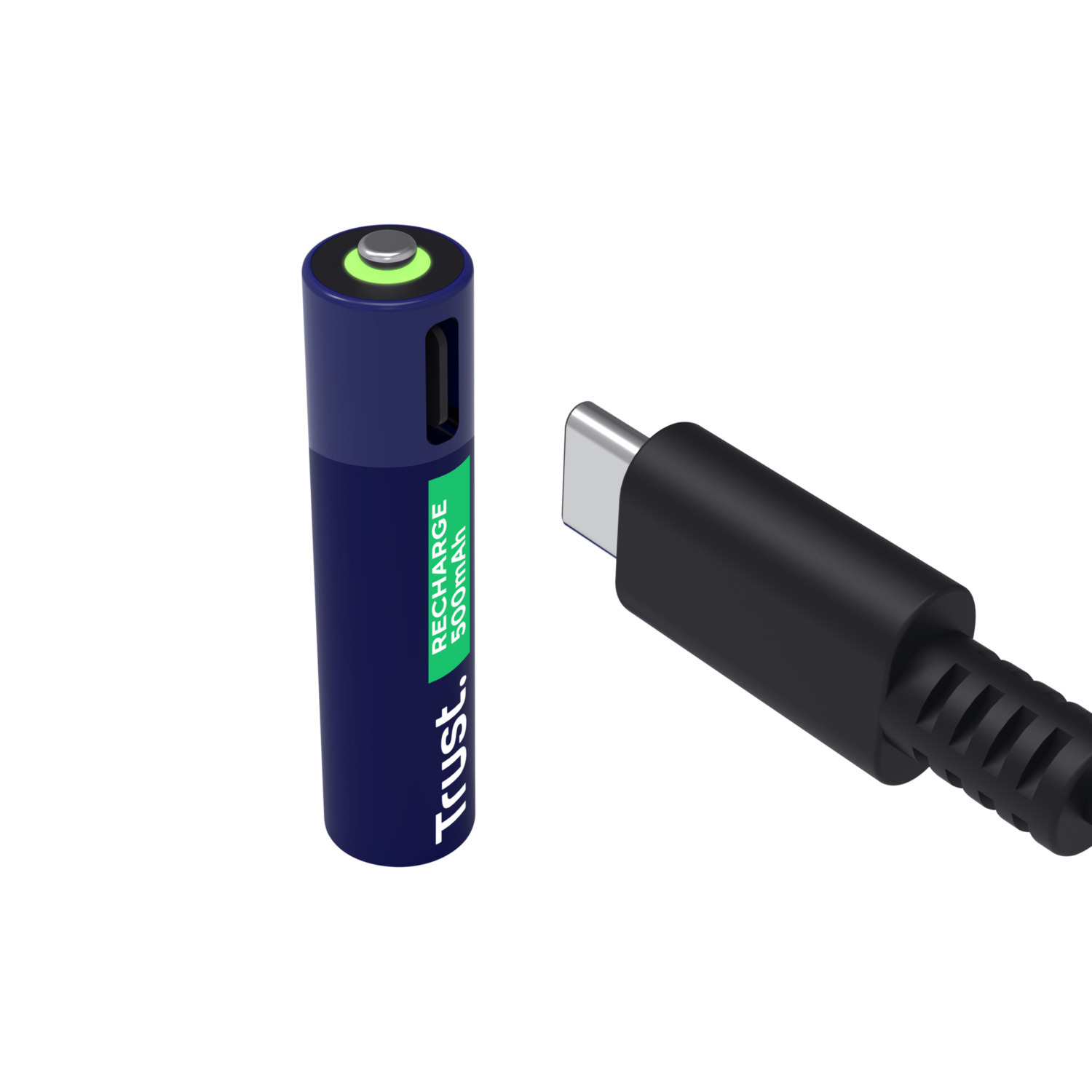 Een oplaadbare batterij die wordt opgeladen met een USB-C-kabel. De batterij is blauw.