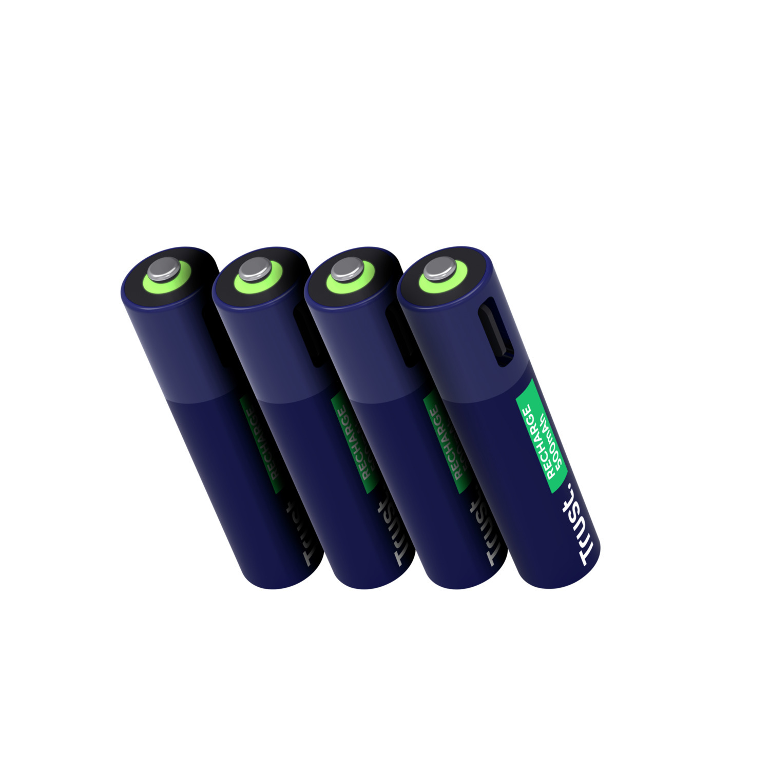 Vier blauwe en zilveren oplaadbare batterijen, lichtjes onder een hoek, op een witte achtergrond.