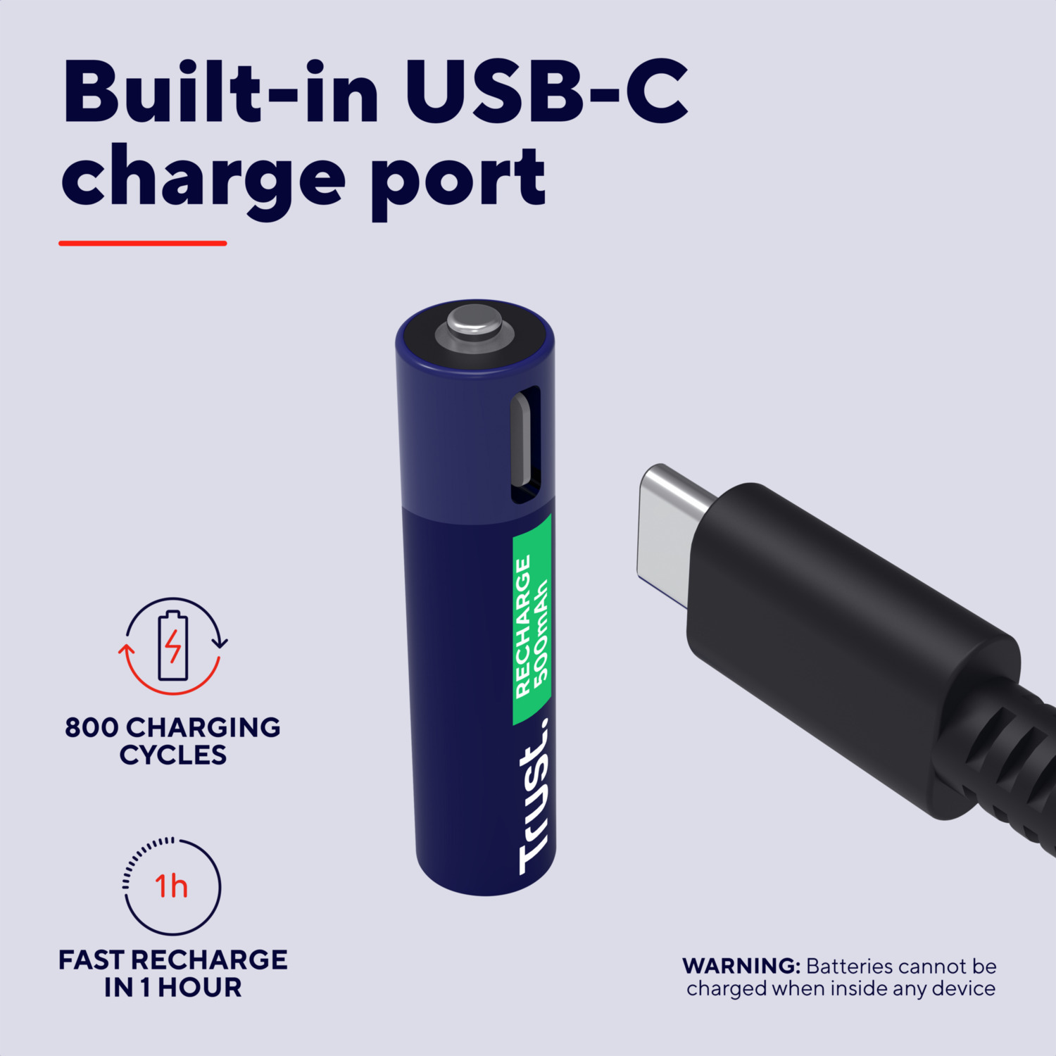 Blauwe batterij met een USB-C-poort en oplaadinformatie, met een zwarte USB-C-kabel.
