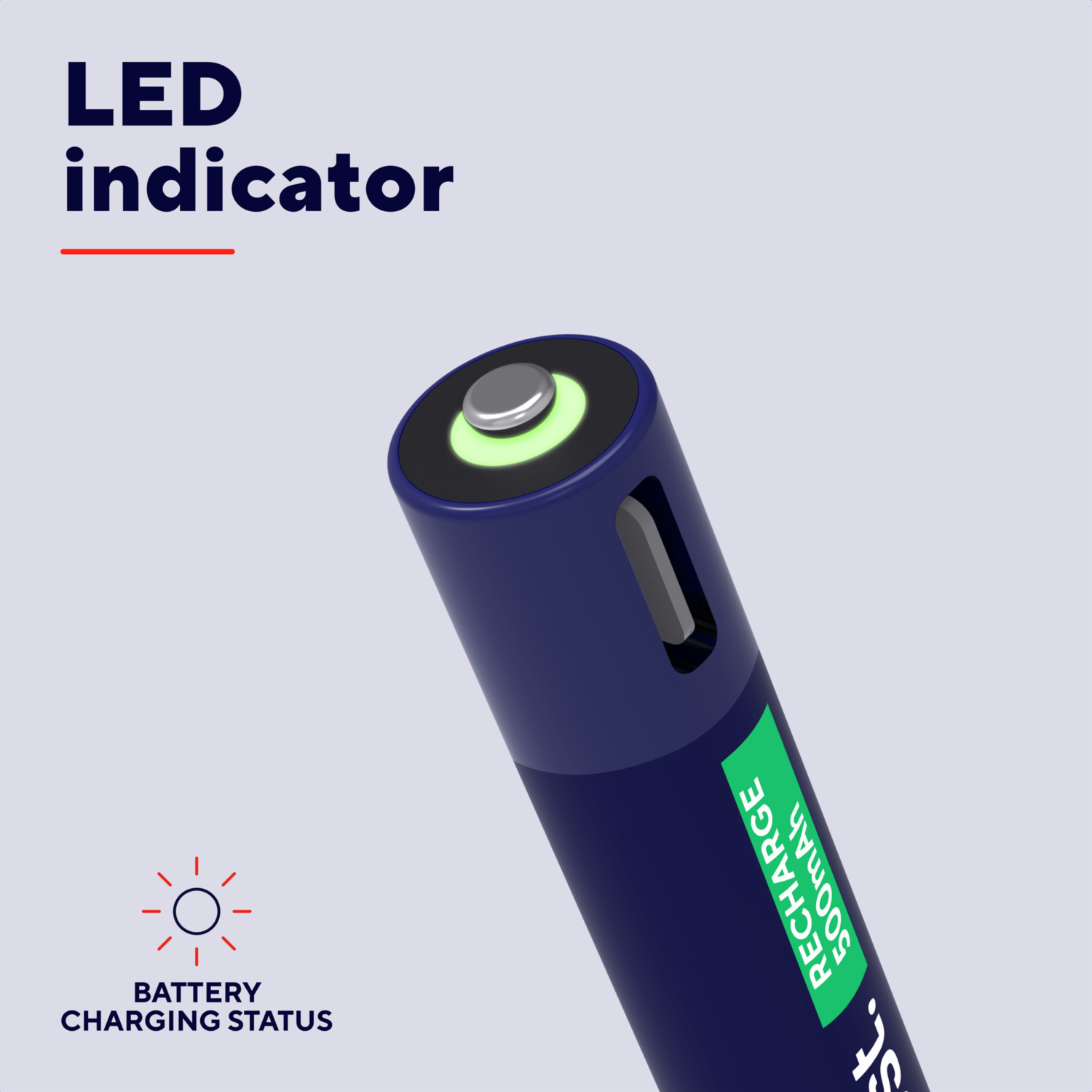 Blauwe oplaadbare batterij met een groene LED-indicator. Tekst: Batterijlaadstatus. Opladen 500 mAh.