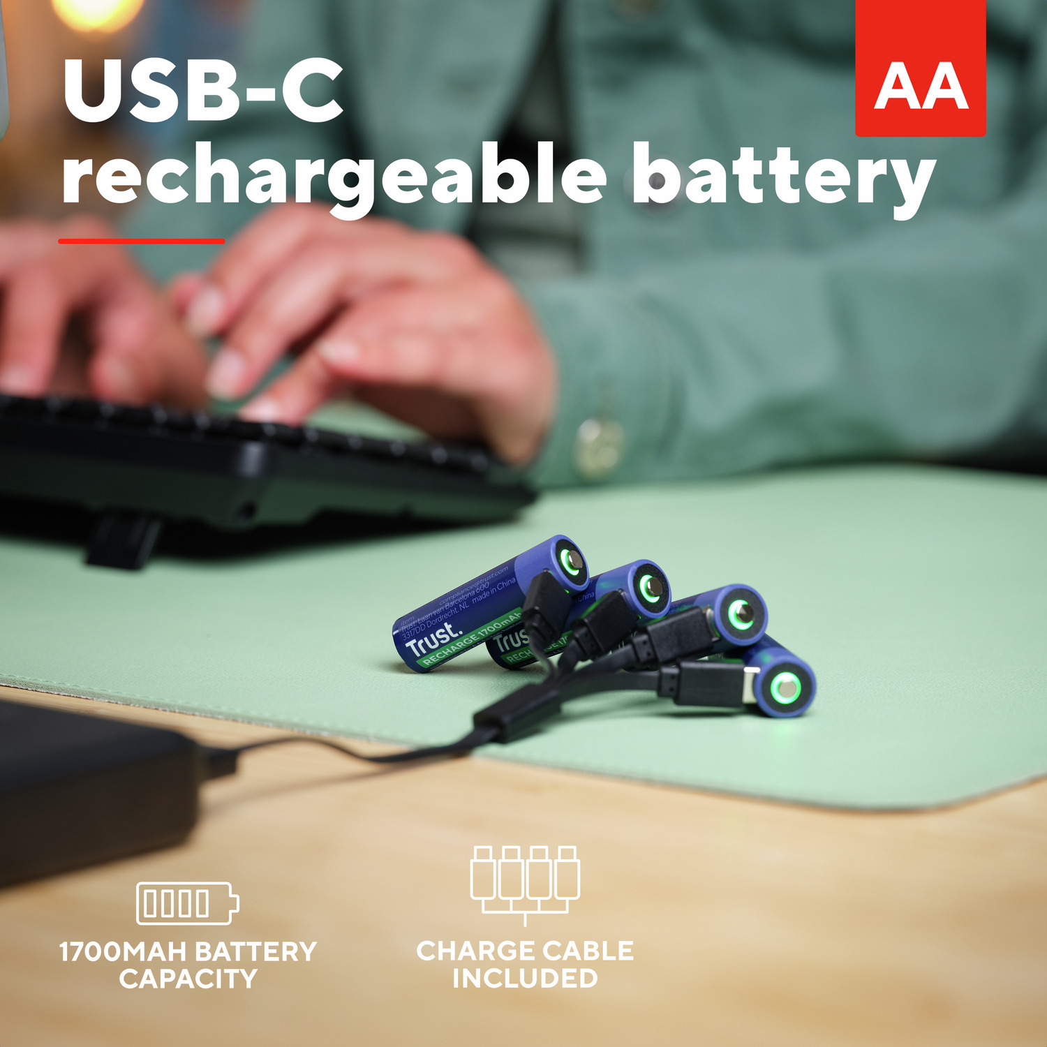 Oplaadbare AA-batterijen en oplaadkabels op een groen oppervlak. Er zijn 1700mAh batterij-iconen.