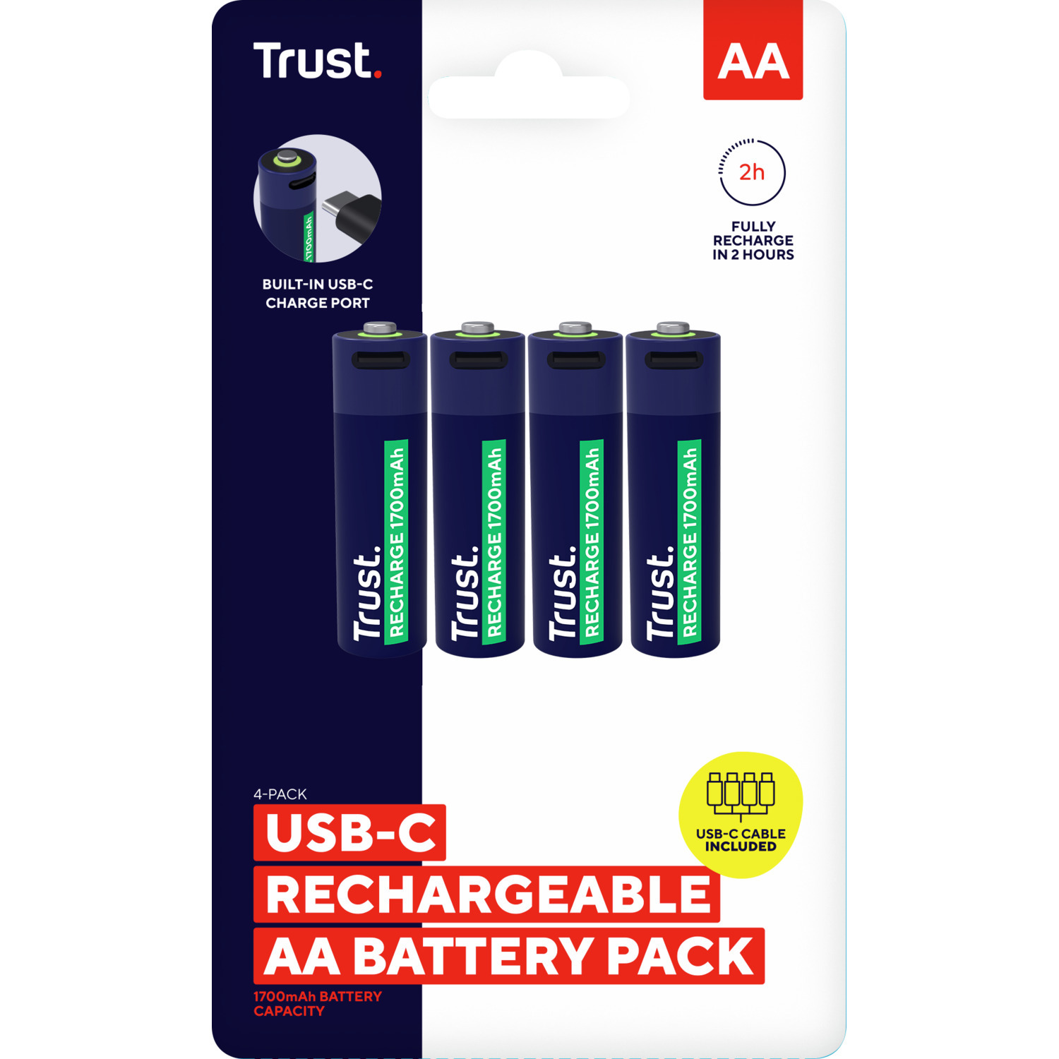Een 4-pack USB-C oplaadbare AA-batterijen. De verpakking is wit en blauw, met productdetails.