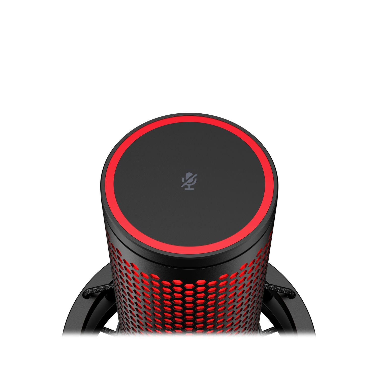 Gros plan sur un microphone. Le dessus est noir avec un anneau rouge et un symbole de micro.