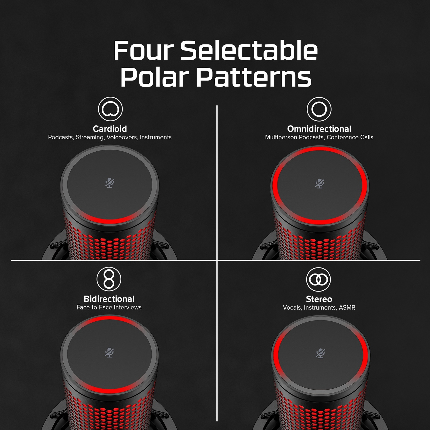 Quatre microphones avec différents diagrammes polaires : cardioïde, omnidirectionnel, bidirectionnel et stéréo.