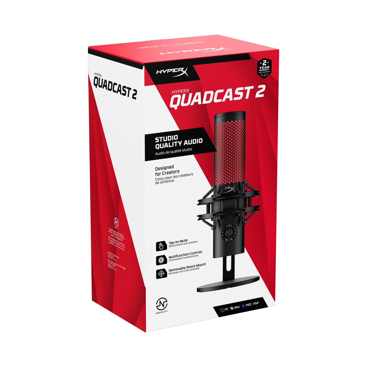 Boîte du microphone HyperX QuadCast 2. Contient l'image du microphone et la description des fonctionnalités.