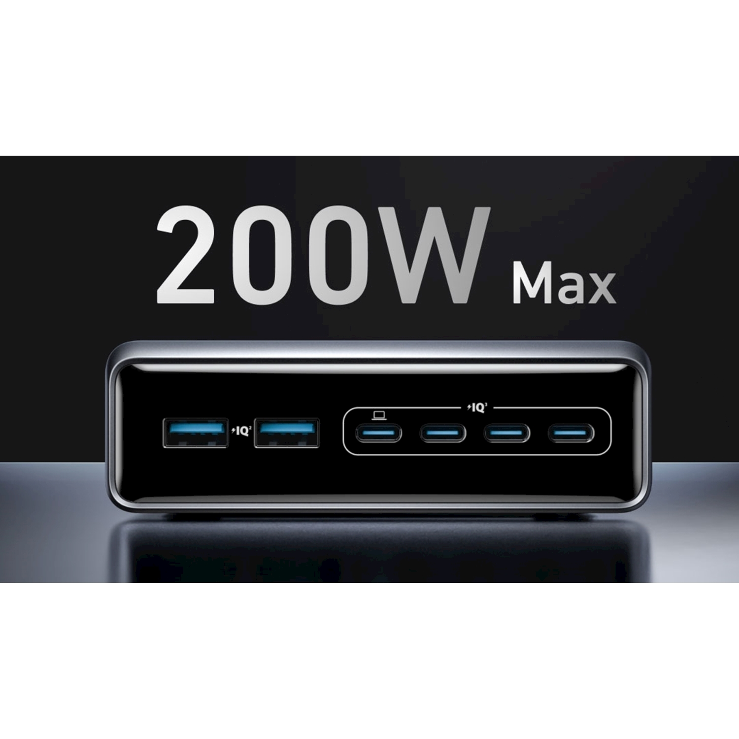 Dispositivo nero con porte USB e la scritta '200W Max'. Lo sfondo è nero.