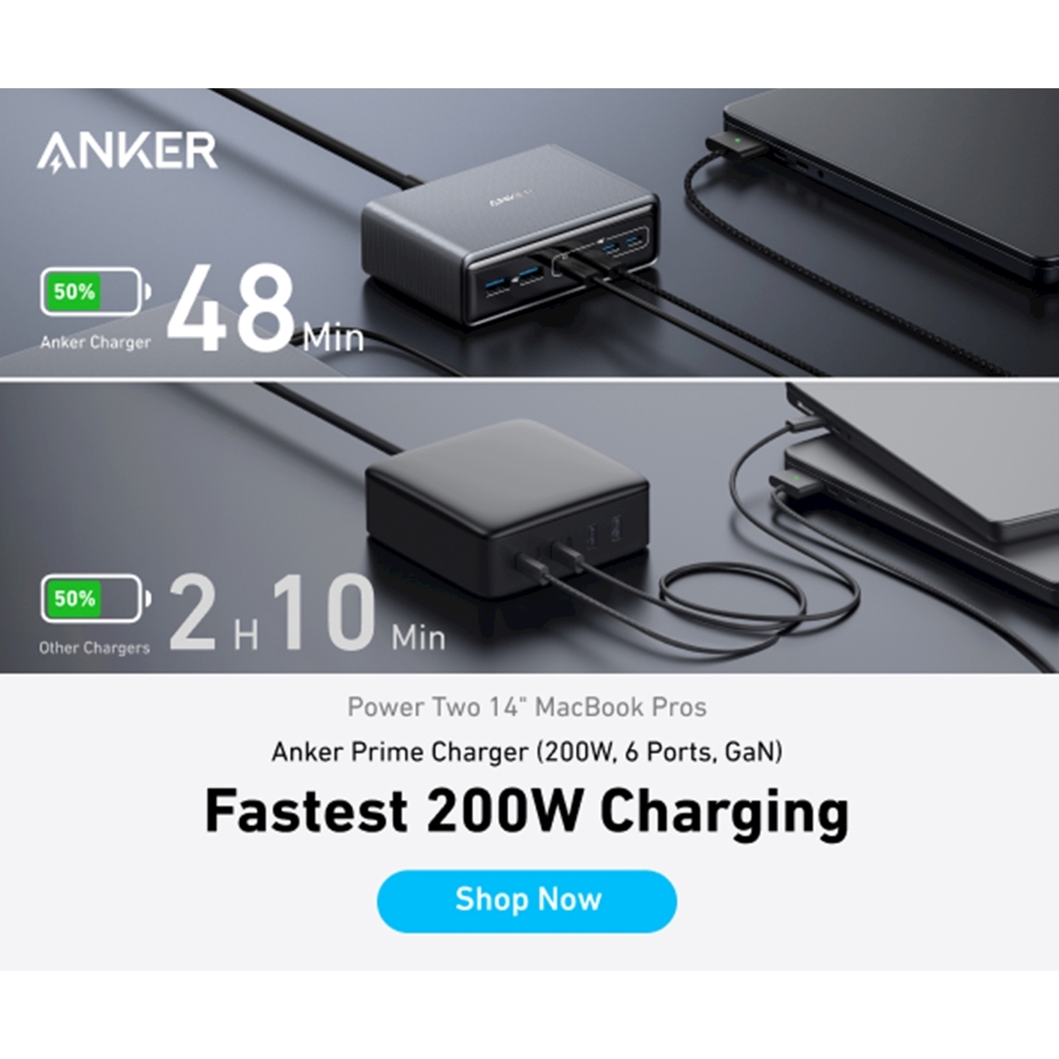 Due power bank caricano dispositivi. Testo: Ricarica più veloce da 200W. Marchio: ANKER.