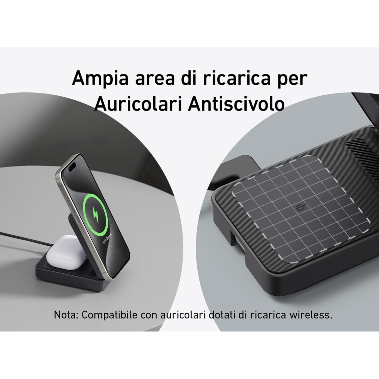 Caricatore wireless con telefono e auricolari in carica. Testo in italiano.