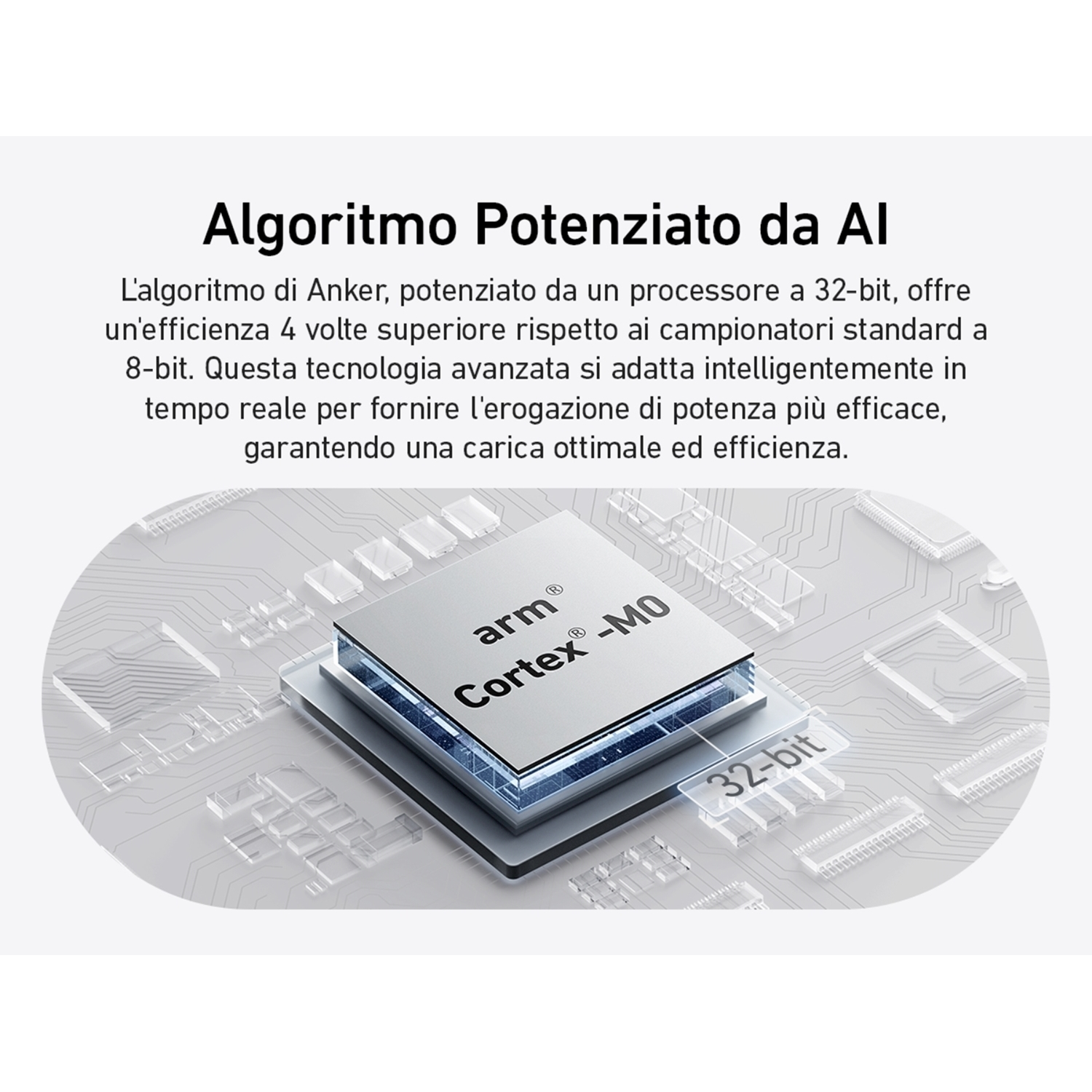 Primo piano di un processore argentato su un circuito stampato. Il testo recita 'arm Cortex-M0' e '32-bit'.