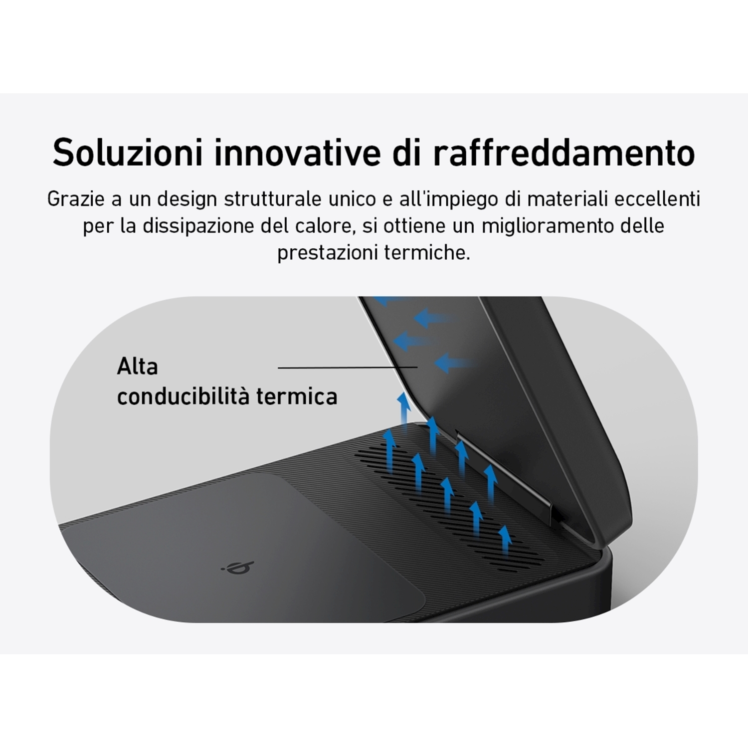 Diagramma dell'interno di un dispositivo. Le frecce indicano il flusso d'aria. Testo in italiano: soluzioni di raffreddamento innovative.