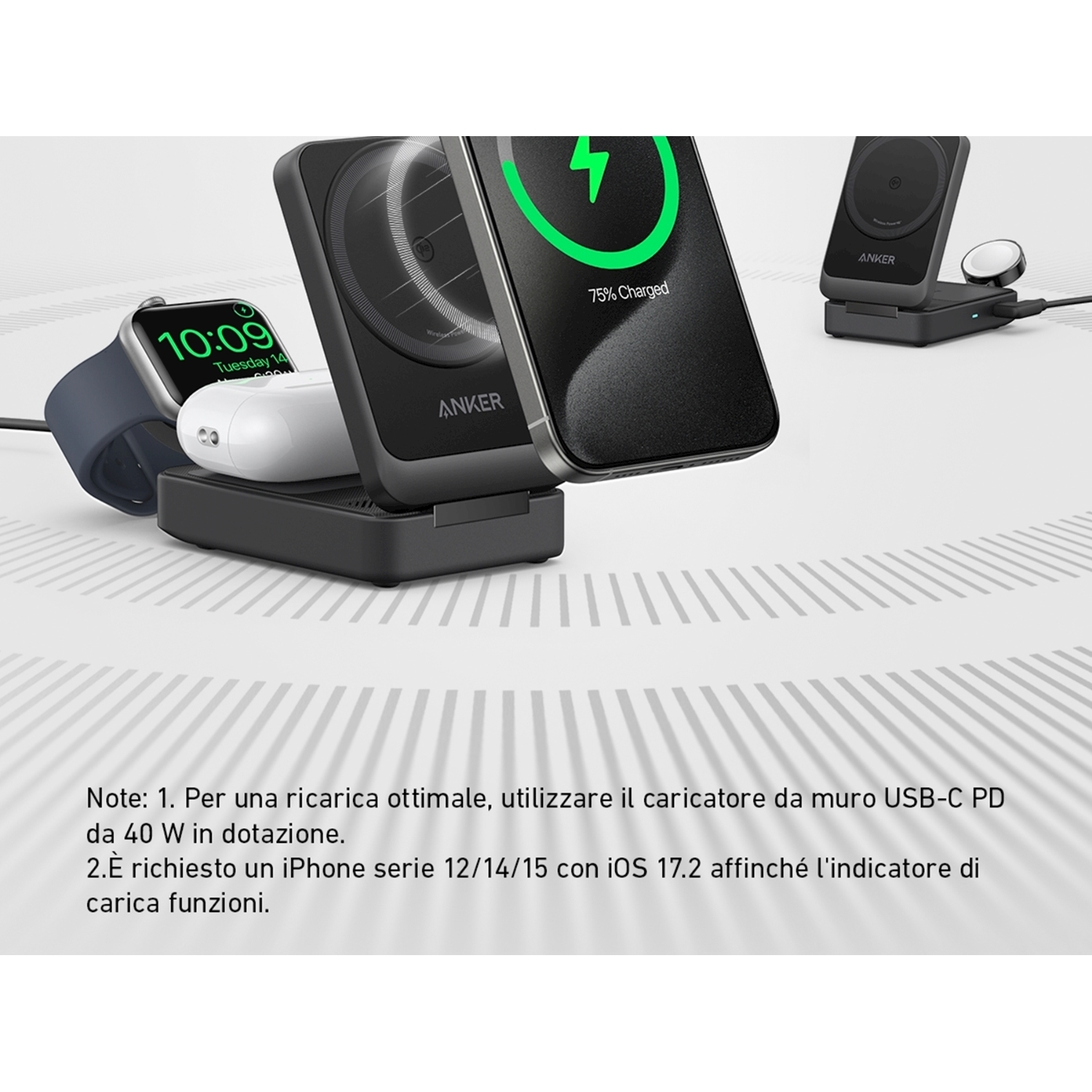 Stazione di ricarica Anker con telefono e smartwatch. Il telefono mostra 75% carica. Testo in basso.