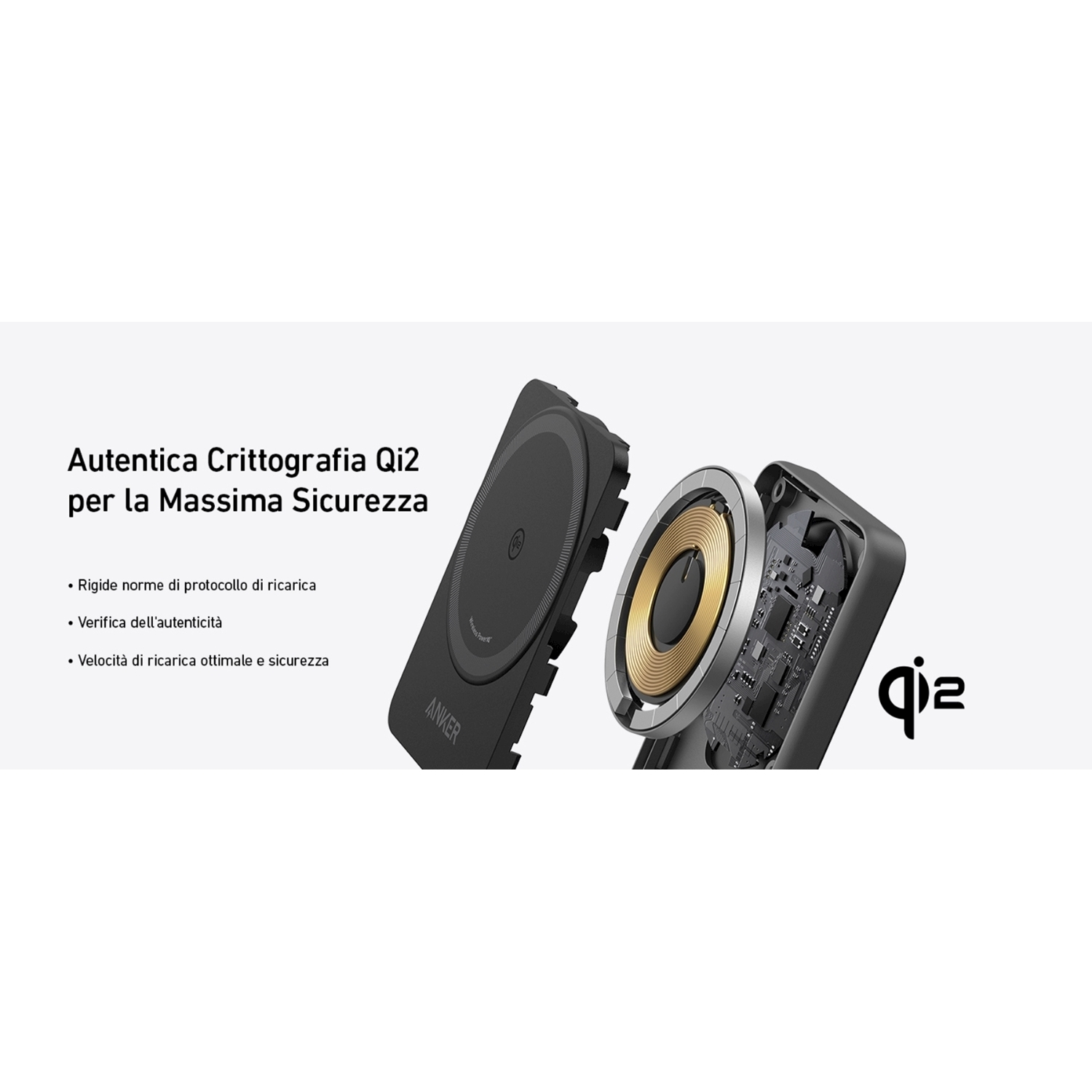 Caricabatterie wireless Anker Qi2 con smartphone e componenti interni.