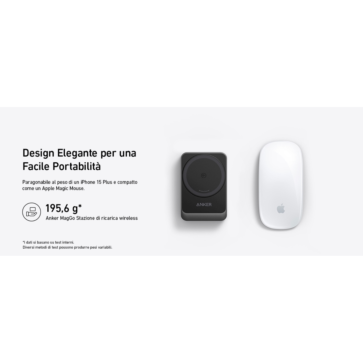 Stazione di ricarica Anker e Apple Magic Mouse su superficie bianca.