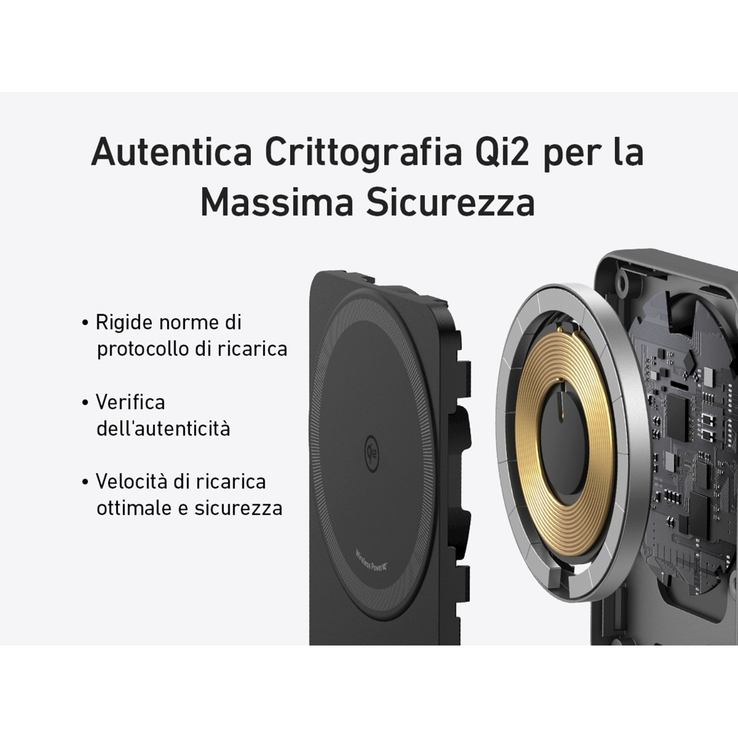 Un dispositivo di ricarica wireless con un telefono, testo in italiano.