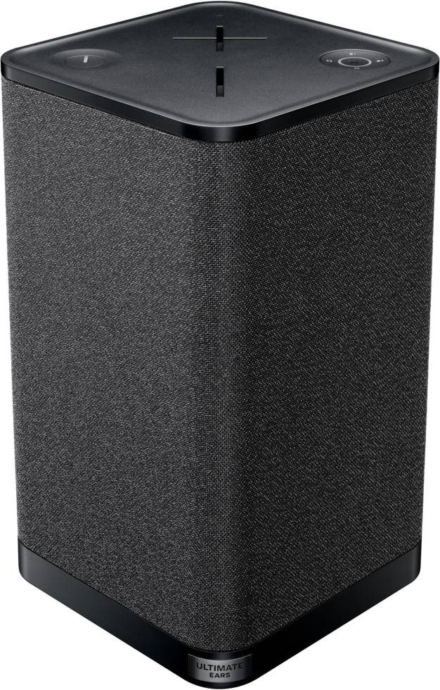 Schwarzer Ultimate Ears Lautsprecher, rechteckige Form, mit Tasten oben, weißer Hintergrund.