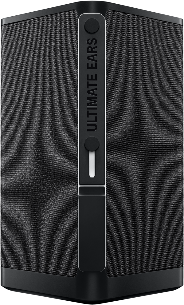 Schwarzer Ultimate Ears Lautsprecher, rechteckige Form, mit zentralem Bedienfeld und Logo.
