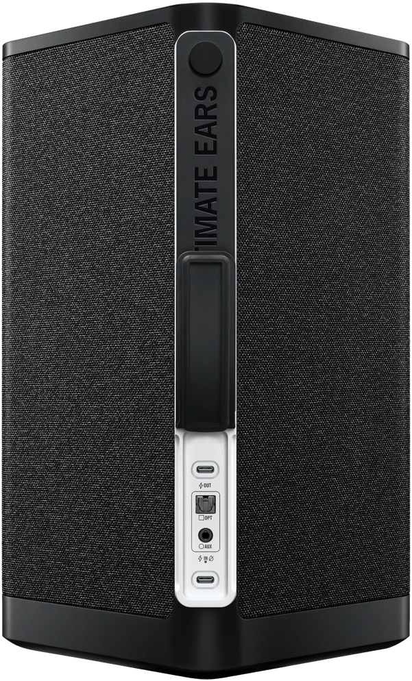 Schwarzer Ultimate Ears Lautsprecher mit Knöpfen und Anschlüssen unten. Die Rückseite ist ein Stoffgitter.