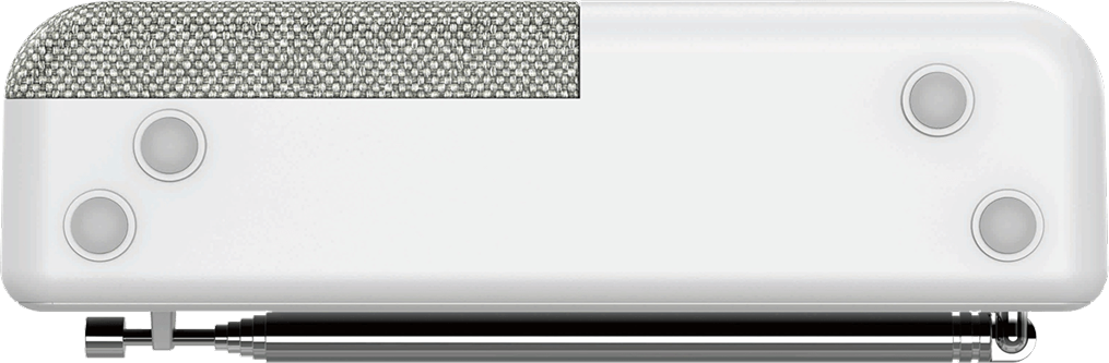 Haut-parleur blanc avec antenne noire, trois boutons et dessus gris.