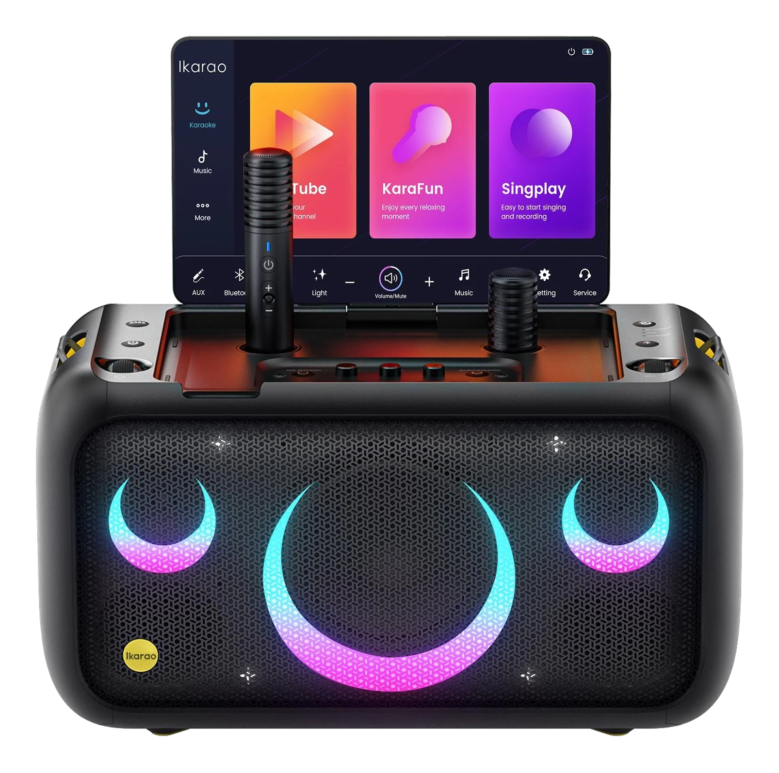 Machine de karaoké avec écran affichant les options de chansons de karaoké. La machine a des lumières.