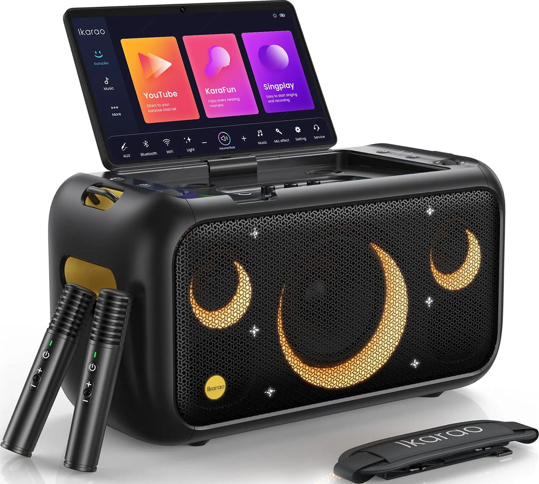 Machine de karaoké noire avec écran de tablette, microphones et bandoulière.