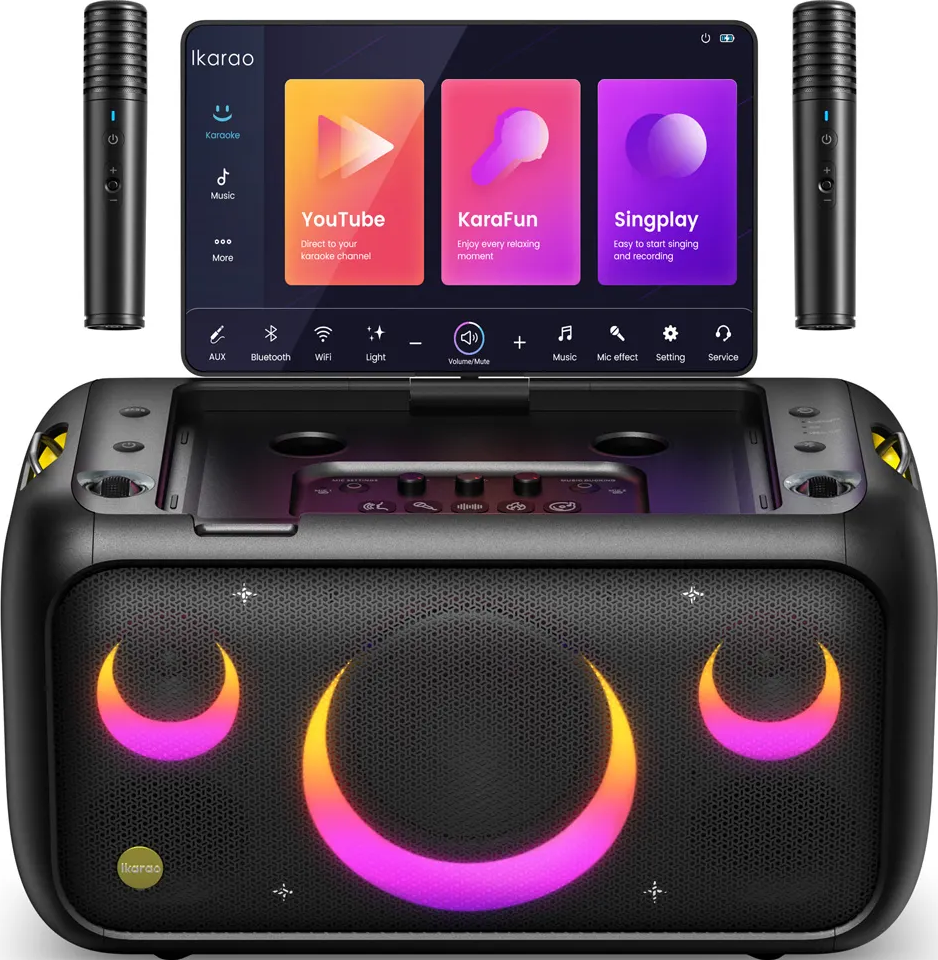 Une machine à karaoké avec micros. L'écran affiche des applications de karaoké. La machine a des lumières en croissant lumineuses.