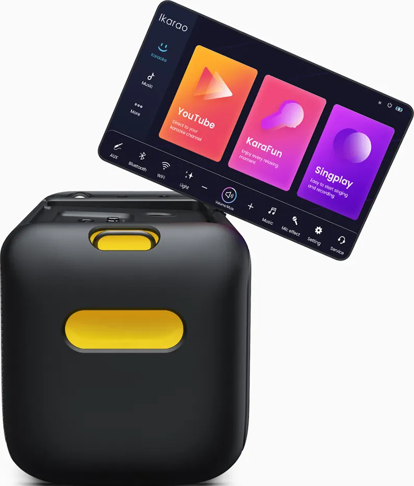 Une machine de karaoké noire avec un écran affichant des applications de karaoké.